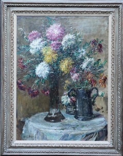 Antique Chrysanthemums - British Victorian Impressionist art exhib floral oil painting