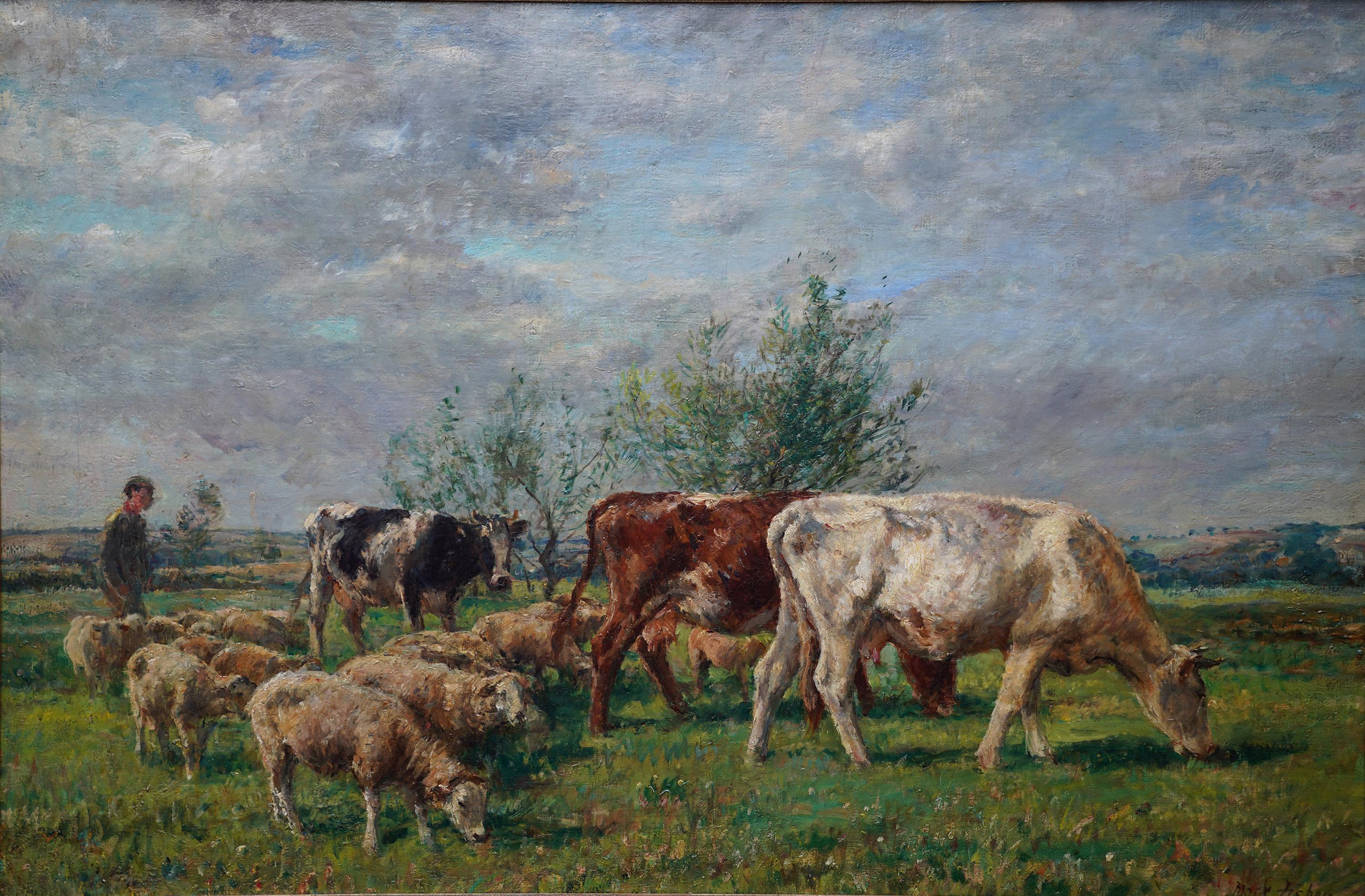Landscape with Cattle and Sheep - British Victorian art Pastoral oil painting - Painting by William Mark Fisher