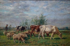 Paesaggio con bovini e pecore - pittura ad olio pastorale di arte vittoriana britannica