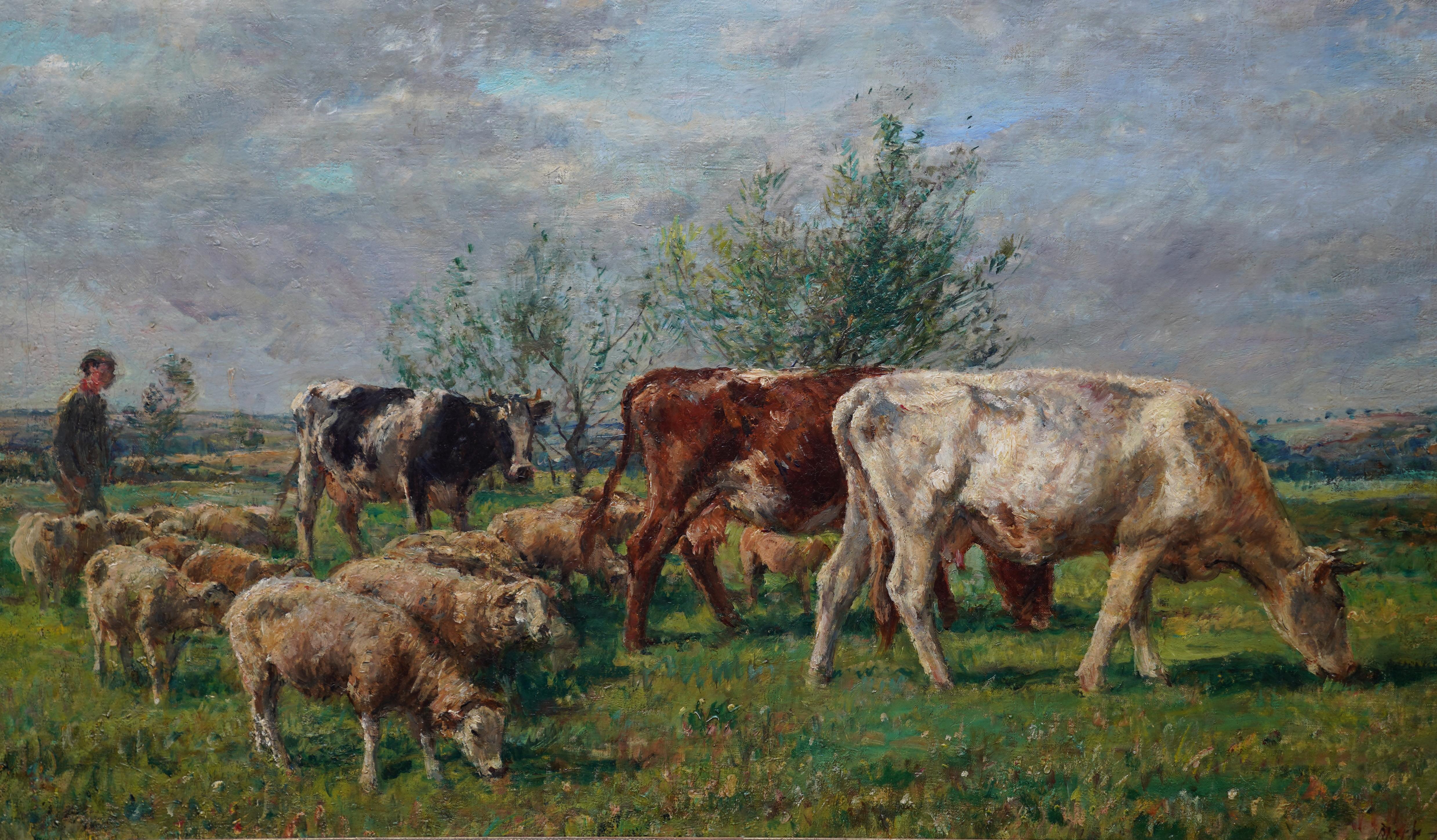 Landscape with Cattle and Sheep - British Victorian art Pastoral oil painting - Impressionist Painting by William Mark Fisher