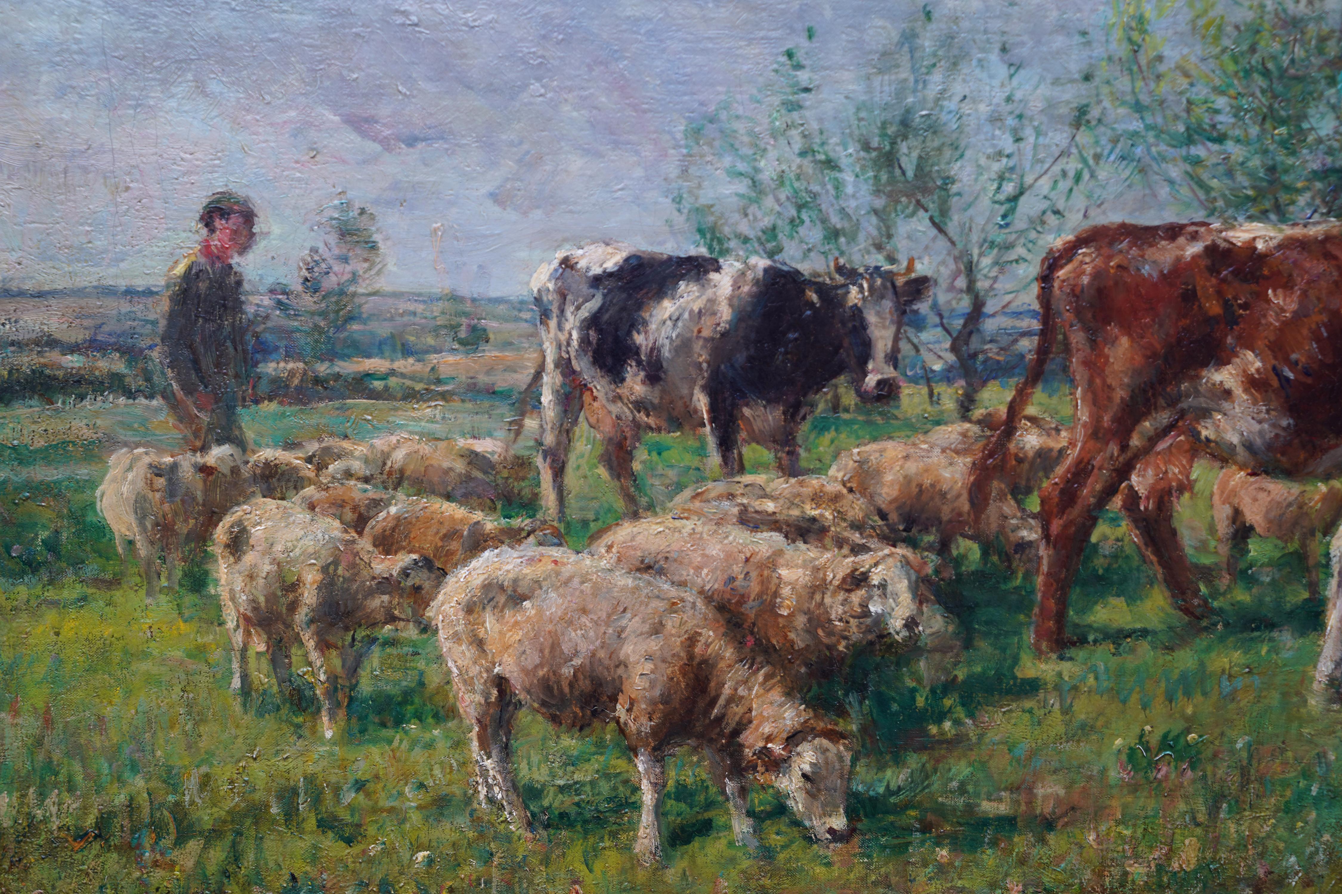 Landscape with Cattle and Sheep - British Victorian art Pastoral oil painting For Sale 1