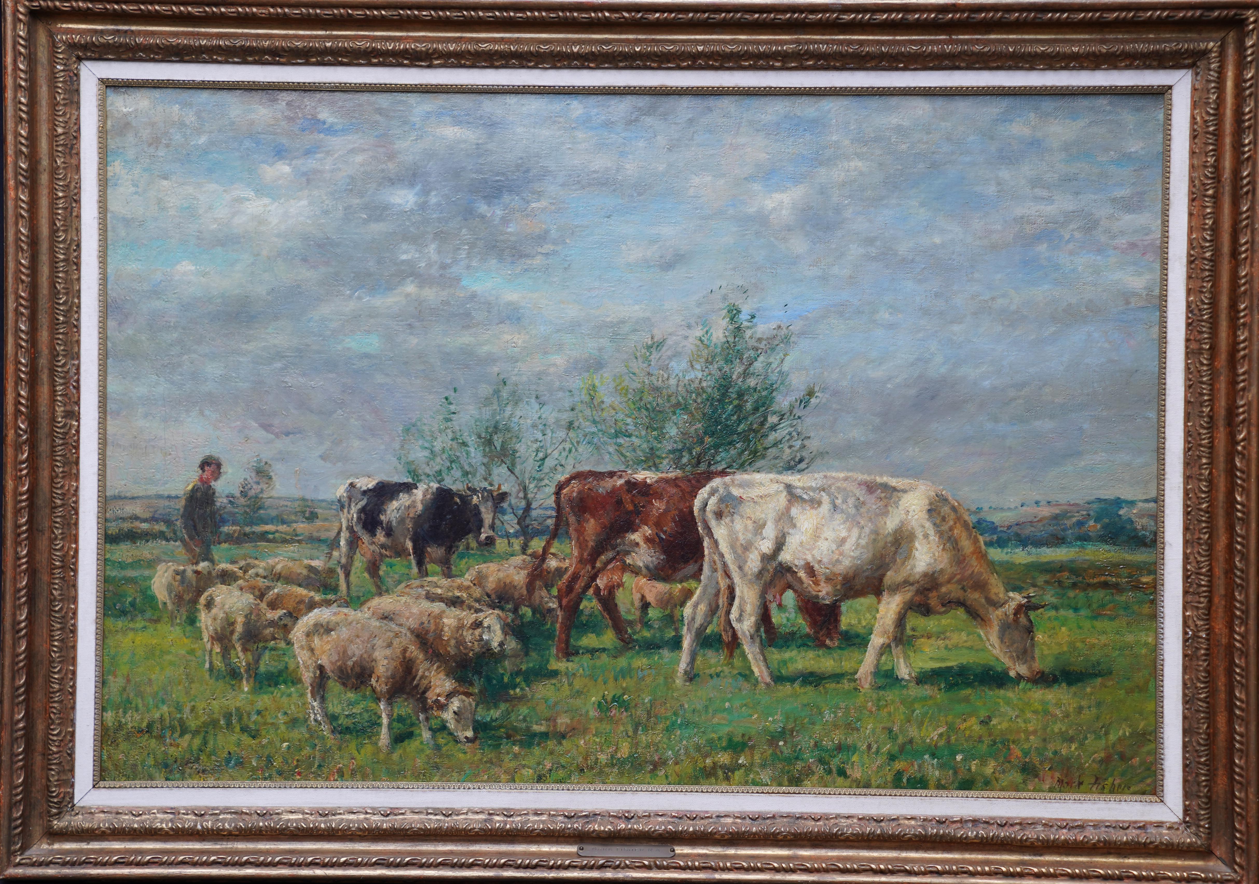 Paysage avec bovins et moutons - Peinture à l'huile champêtre de l'art victorien britannique