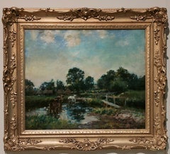 Antique Oil Painting by William Mark Fisher "Cattle by a Stream" 