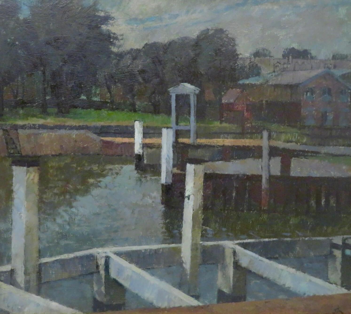 English Mid Century post impressionist ORIGINAL Oil Painting CANAL LOCK SCENE For Sale 1