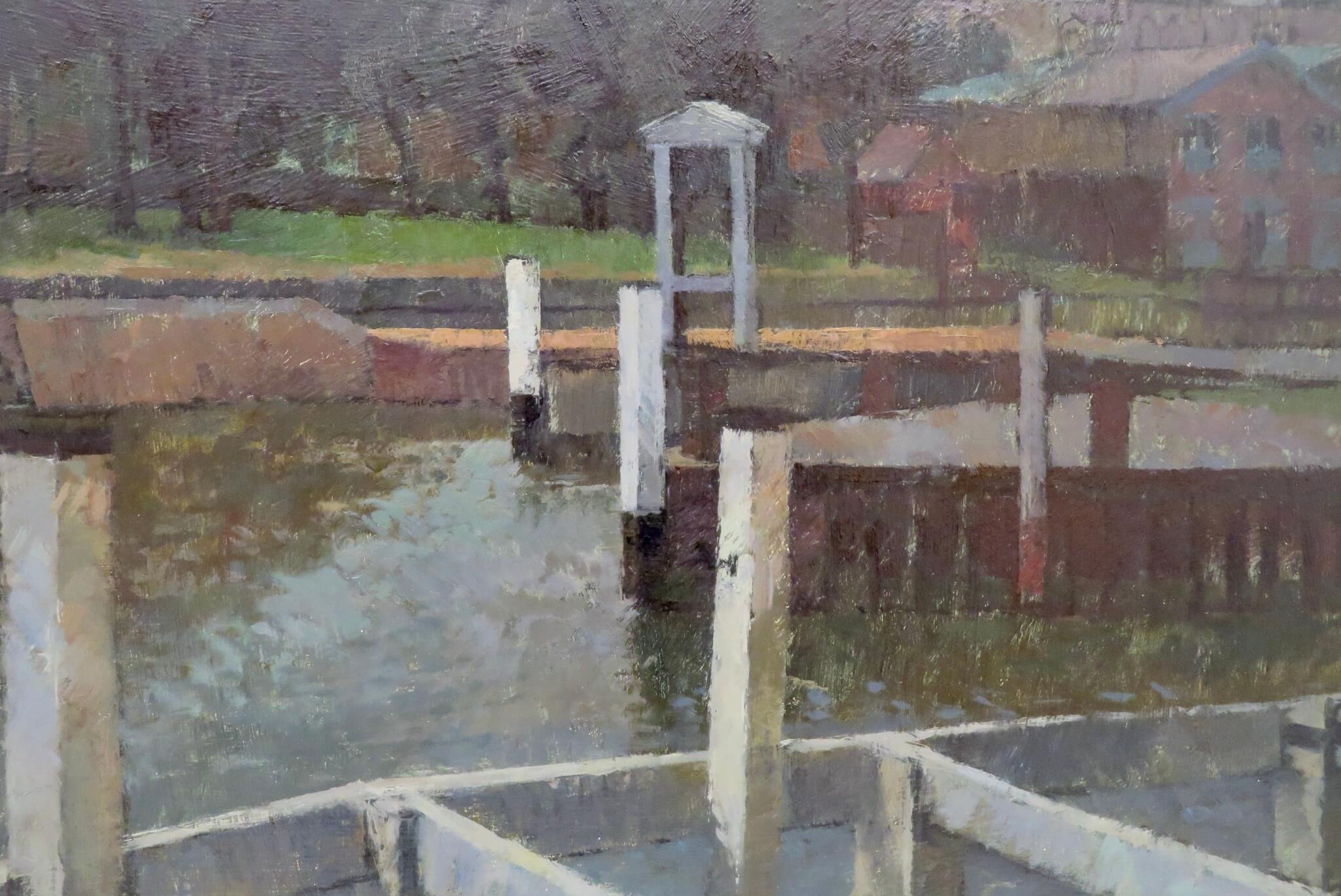 English Mid Century post impressionist ORIGINAL Oil Painting CANAL LOCK SCENE en vente 2
