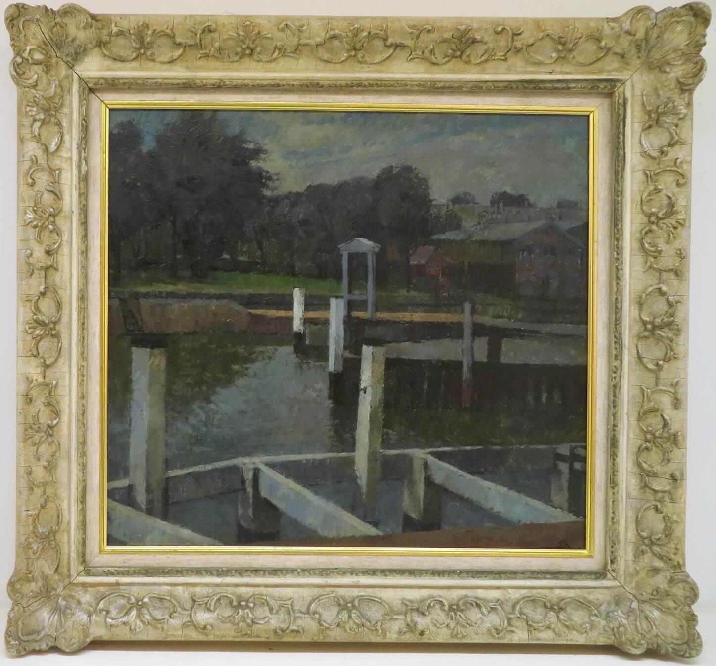Landscape Painting William Marshall - English Mid Century post impressionist ORIGINAL Oil Painting CANAL LOCK SCENE