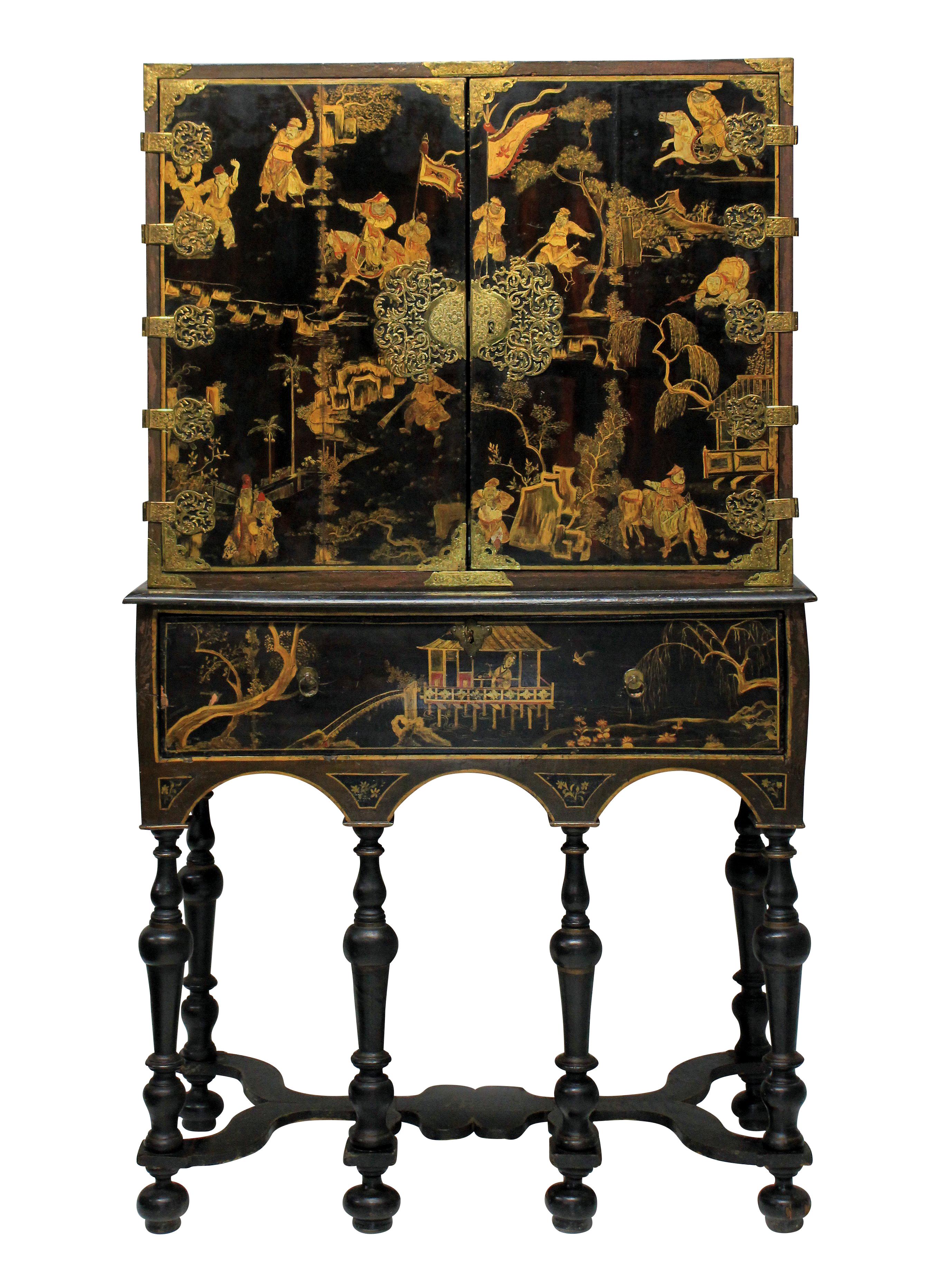 A fine William & Mary black and gilt japanned chest on stand of good quality and condition. Depicting landscapes, foliage and warriors (some chasing butterflies with their swords). The cupboard doors, decorated on both sides, with shaped filigree