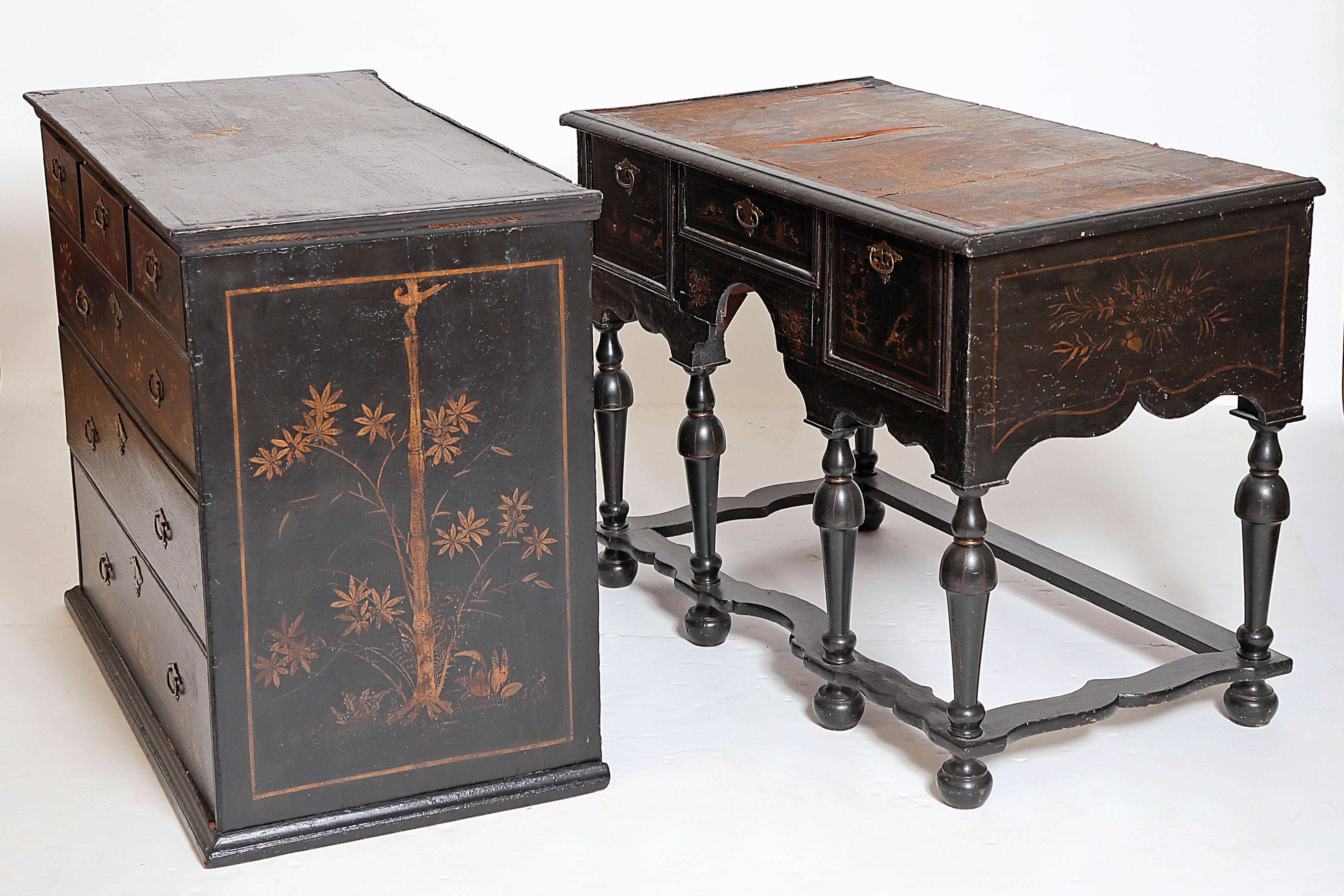 William & Mary Chest on Stand / Black Lacquer and Gilt Chinoiserie Decoration 4