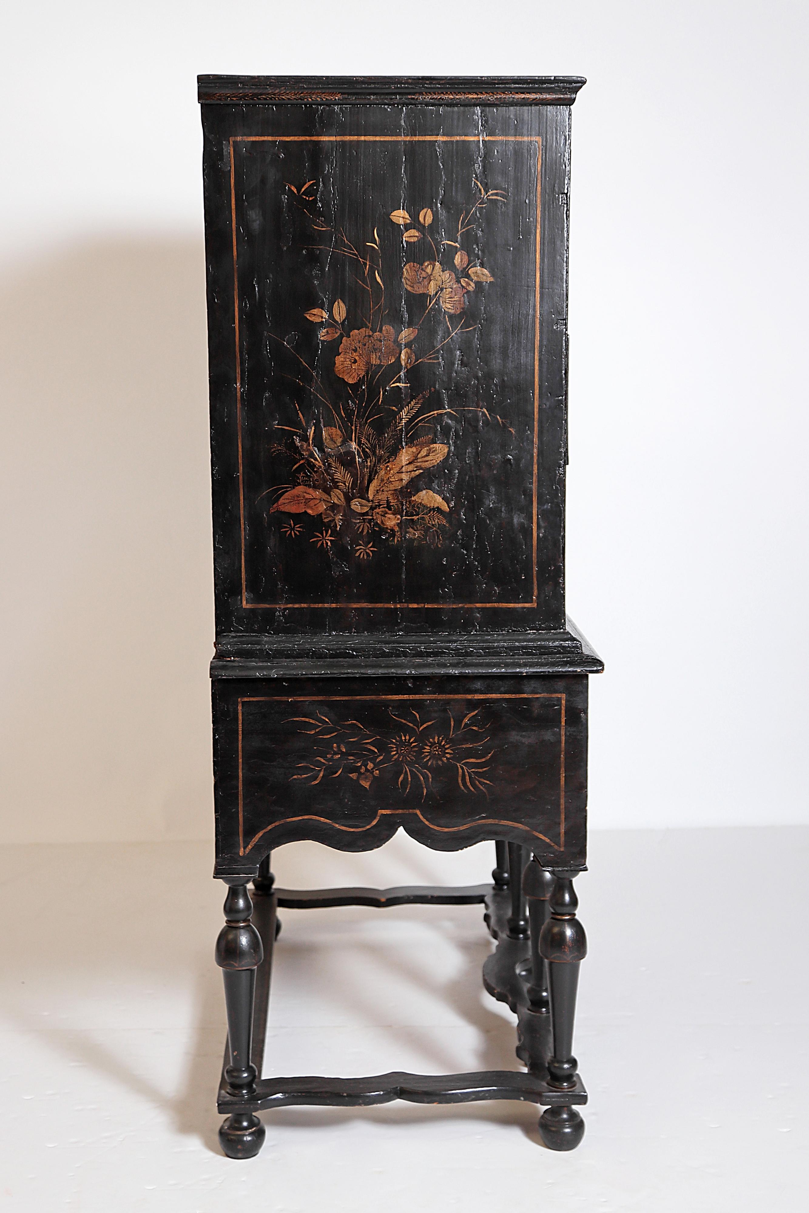 English William & Mary Chest on Stand / Black Lacquer and Gilt Chinoiserie Decoration