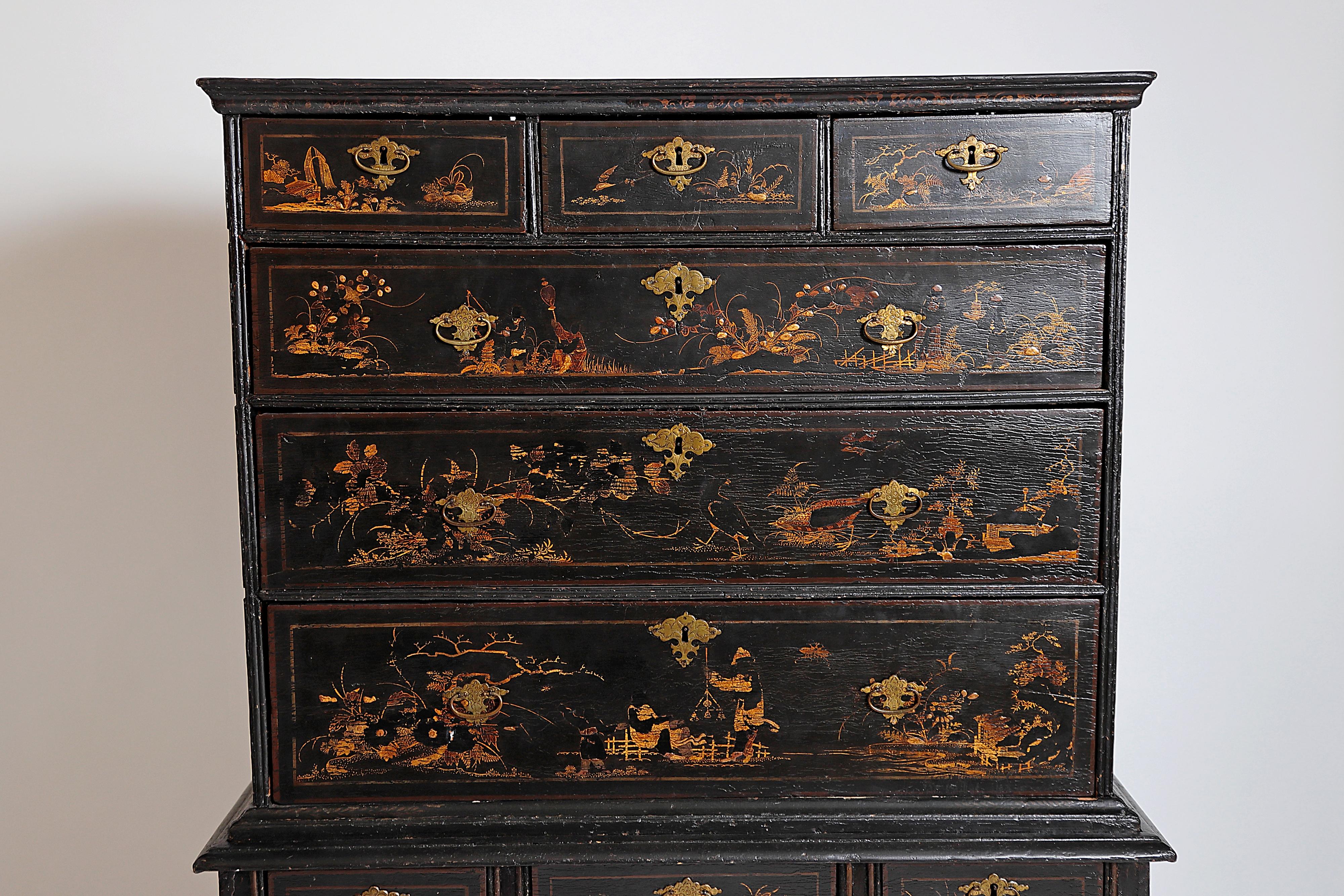 Wood William & Mary Chest on Stand / Black Lacquer and Gilt Chinoiserie Decoration
