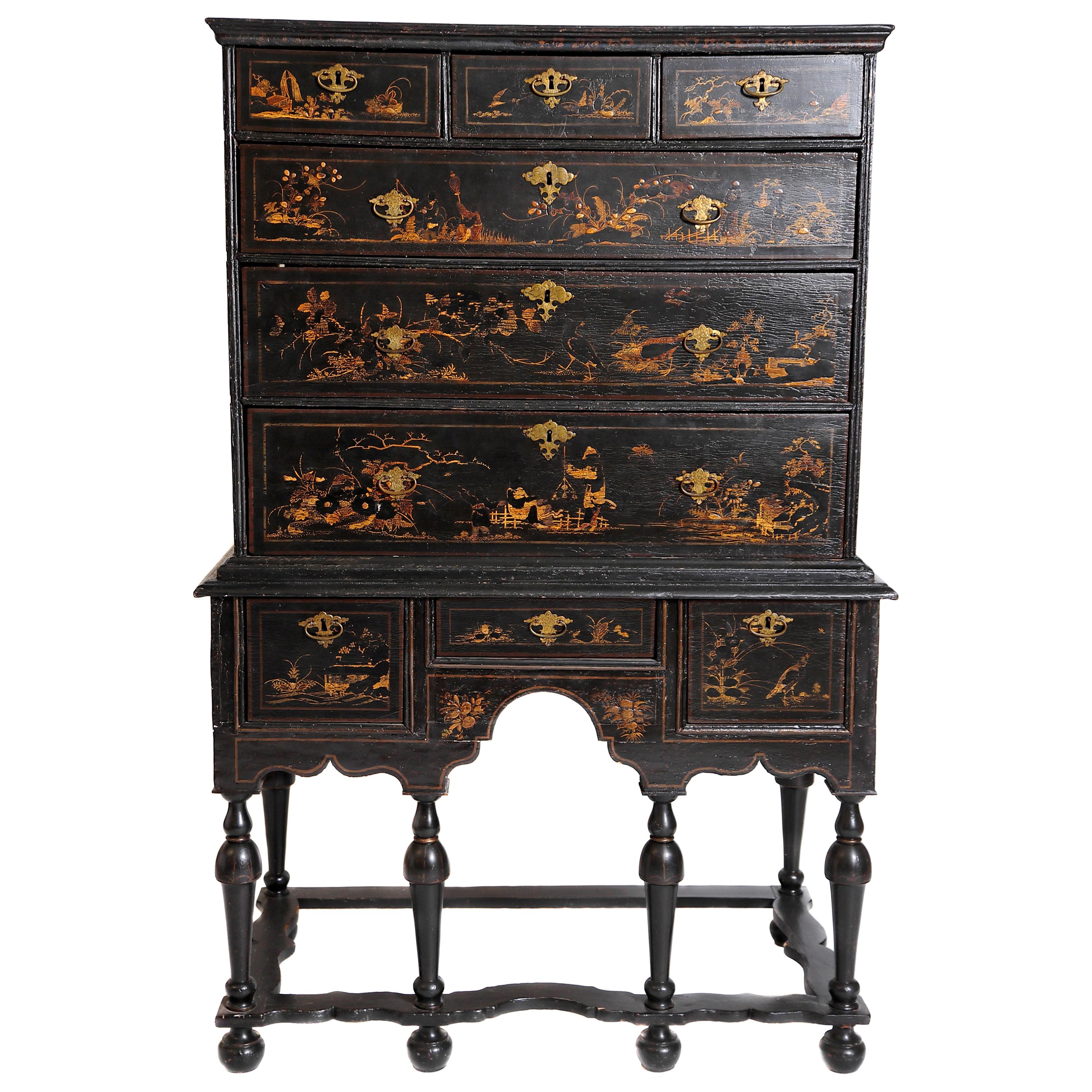 William & Mary Chest on Stand / Black Lacquer and Gilt Chinoiserie Decoration