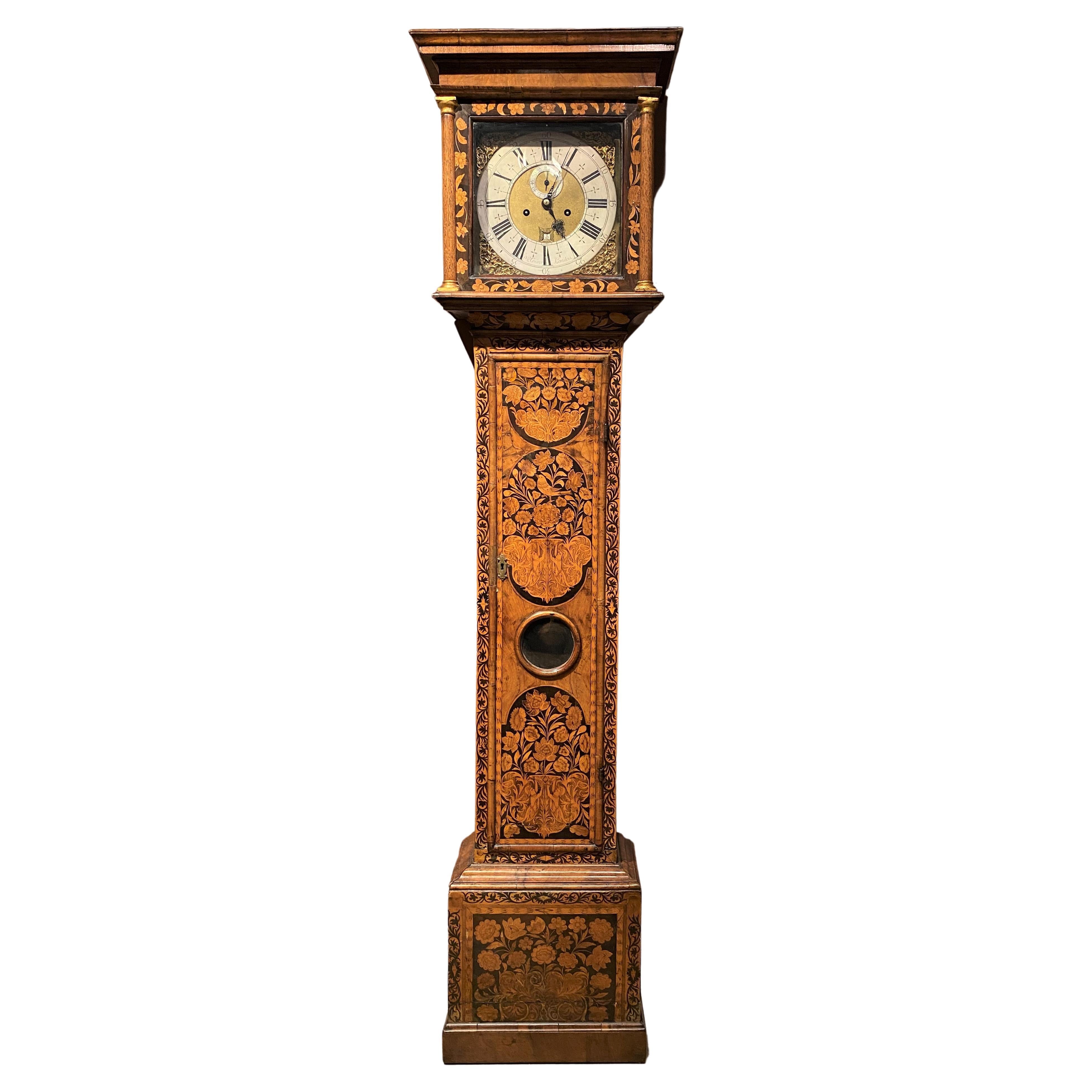 Pendule de parquet de 8 jours William &amp; Mary en marqueterie florale par le comte "LeCompte" en vente