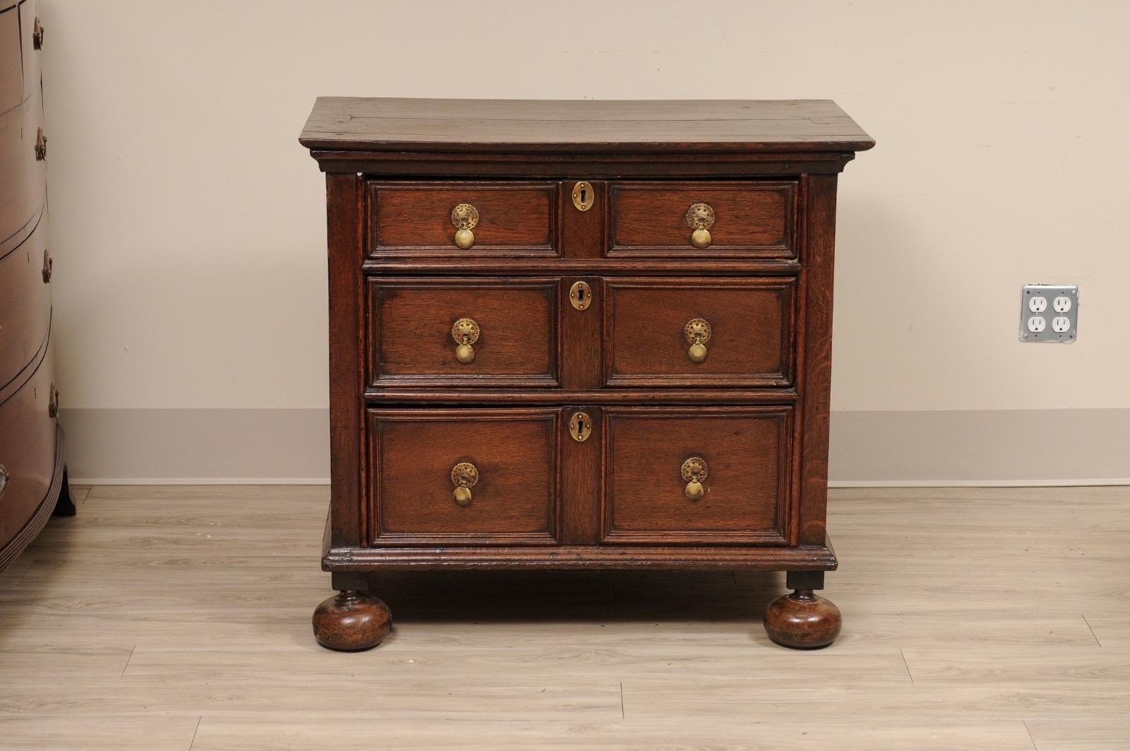 William & Mary Jacobean 3 drawer Small Chest Bun Feet solid Walnut For Sale 3