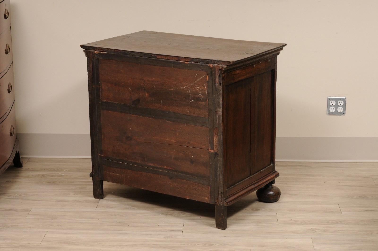 English William & Mary Jacobean 3 drawer Small Chest Bun Feet solid Walnut For Sale