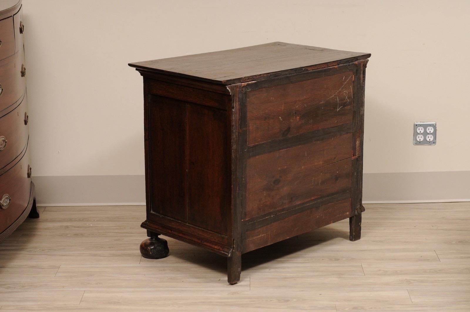 William & Mary Jacobean 3 drawer Small Chest Bun Feet solid Walnut In Fair Condition For Sale In Atlanta, GA