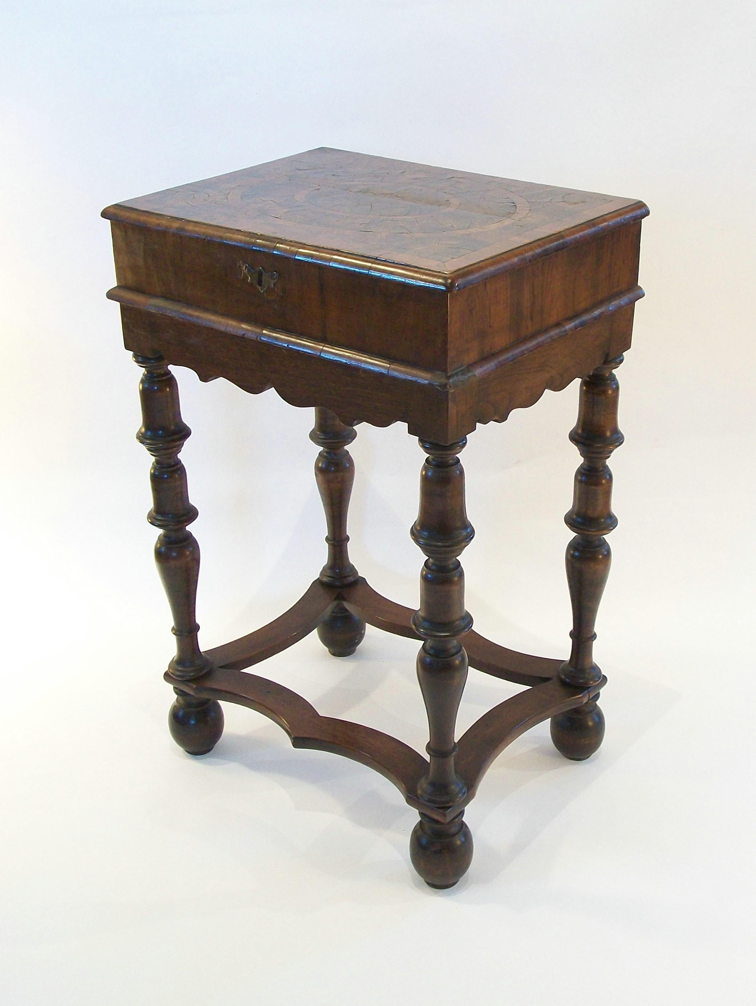 Hand-Crafted William & Mary Oyster Veneered Walnut Glove Box on Stand - U.K. - Circa 1690 For Sale