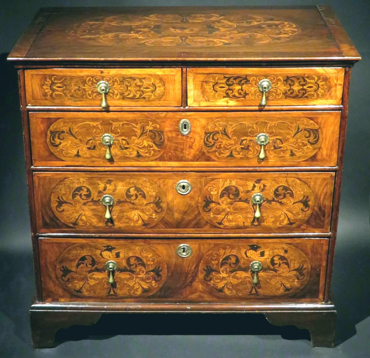 William and Mary Fine William & Mary Period Inlaid Walnut Chest of Drawers, England Circa 1700