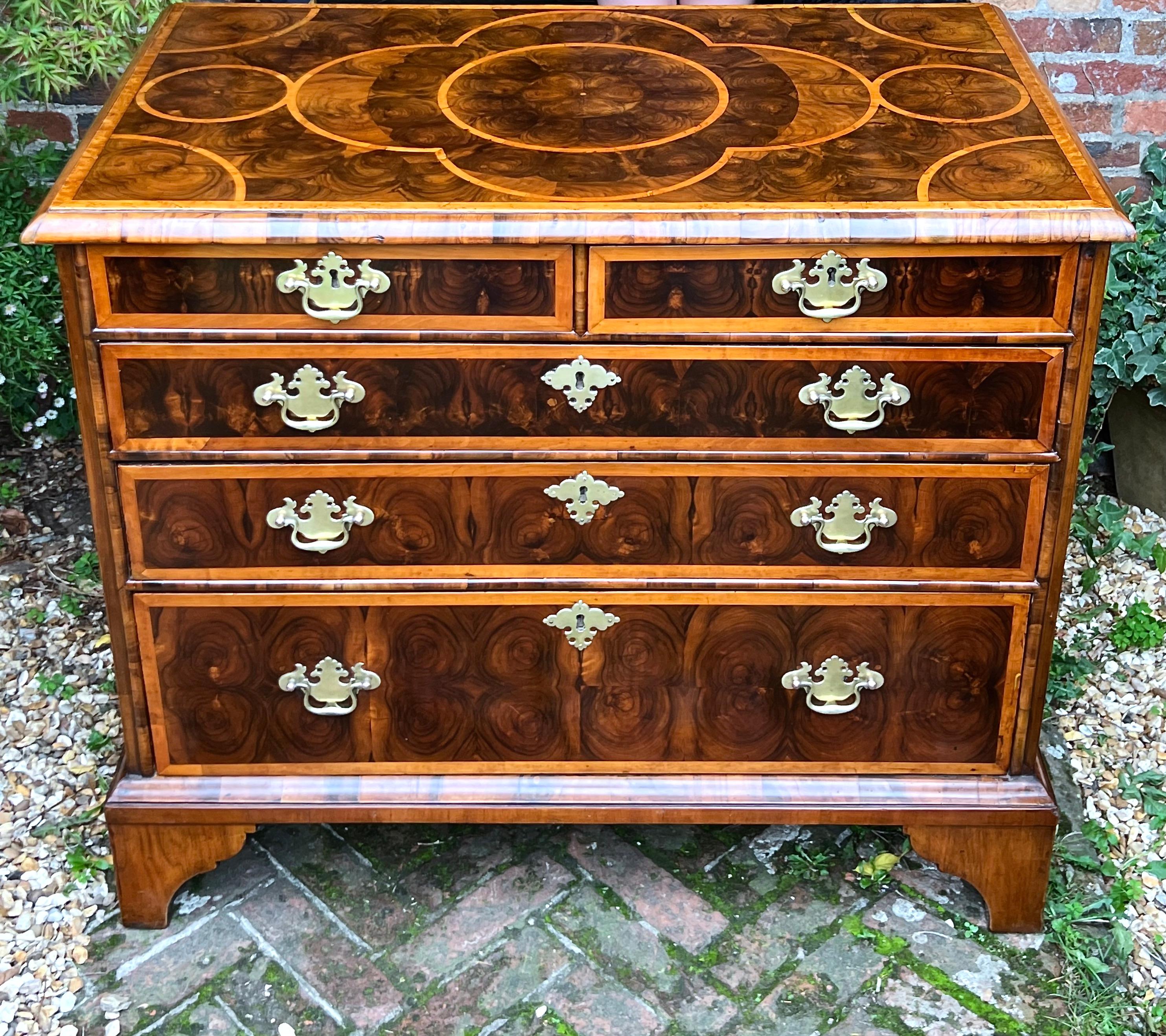 An English William & Mary period oyster laburnum and walnut chest ca 1700.

William lll (1650-1702).

A classic oyster-veneered chest of two short and three long graduated drawers all faced with exquisite oyster veneers banded in fruitwood. The top