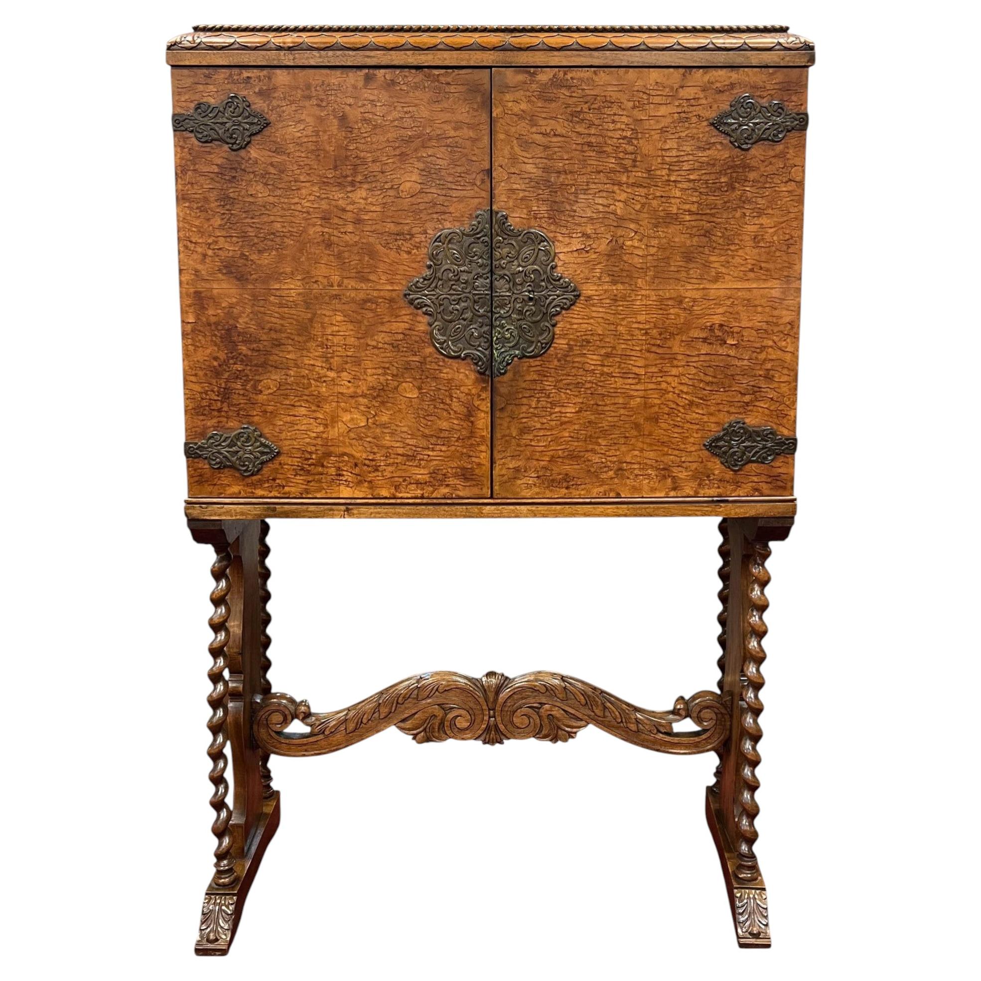 William & Mary Revival Burl Walnut Cabinet on Stand, Circa 1920s For Sale