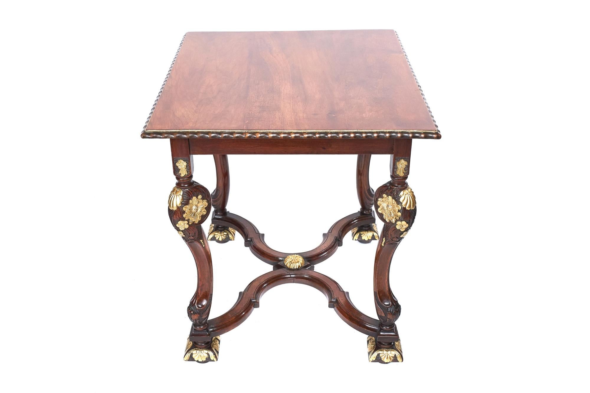 William & Mary Revival walnut centre table with parcel gilt decoration
circa 1920
Walnut top with gadroon carved edge,
4 Shaped & carved legs with parcel gilt decoration,
shaped walnut X stretcher 
sitting on 4 square feet with parcel gilt