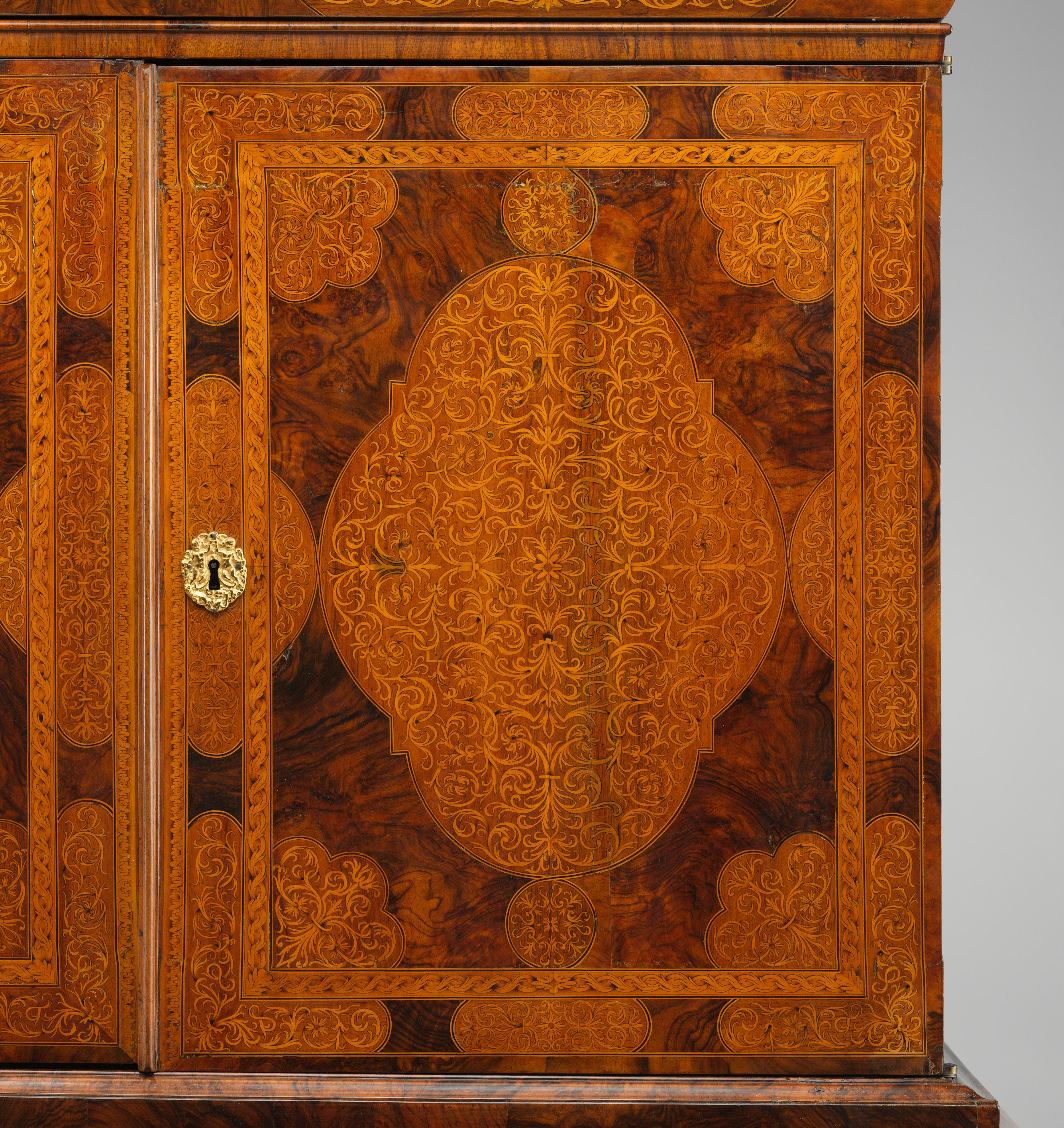 Brass William & Mary Seaweed Marquetry Inlaid Cabinet by Gerrit Jensen (c. 1634-1715)  For Sale