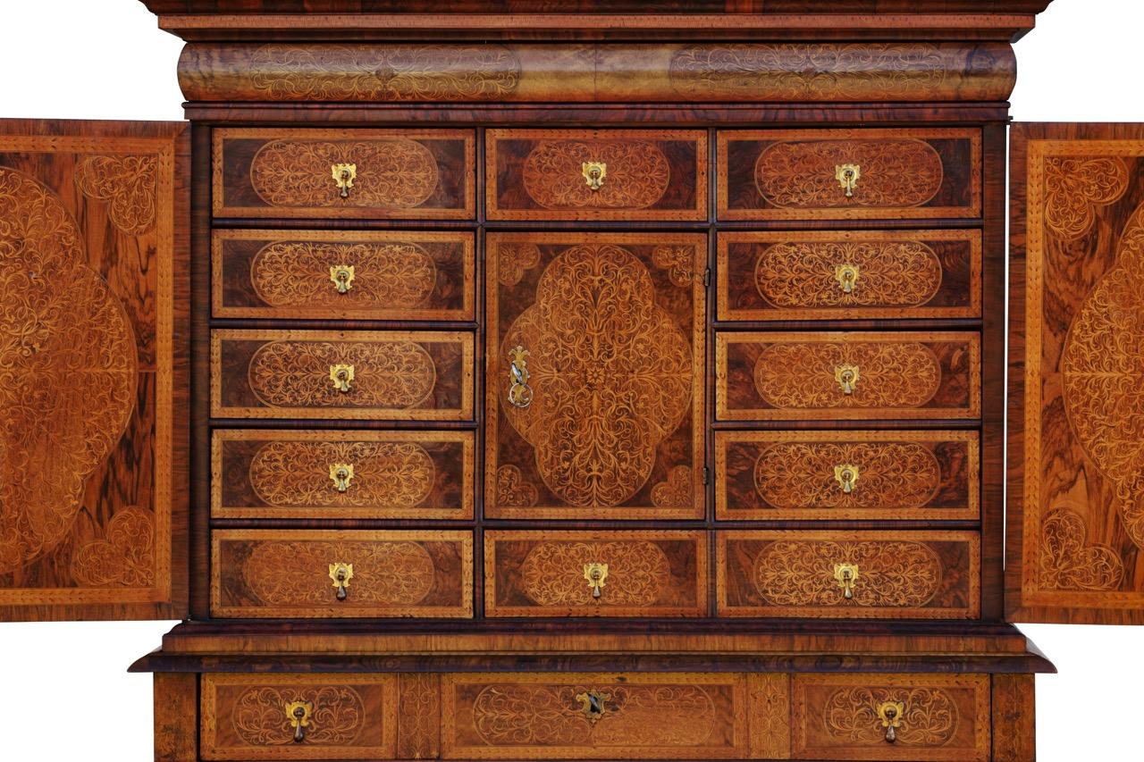British William & Mary Seaweed Marquetry Inlaid Cabinet by Gerrit Jensen (c. 1634-1715)  For Sale