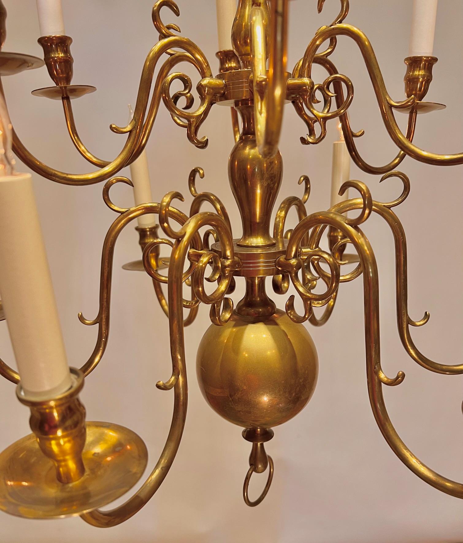 20th Century William & Mary Style 12-Light Brass Chandelier, Netherlands, Circa:1910