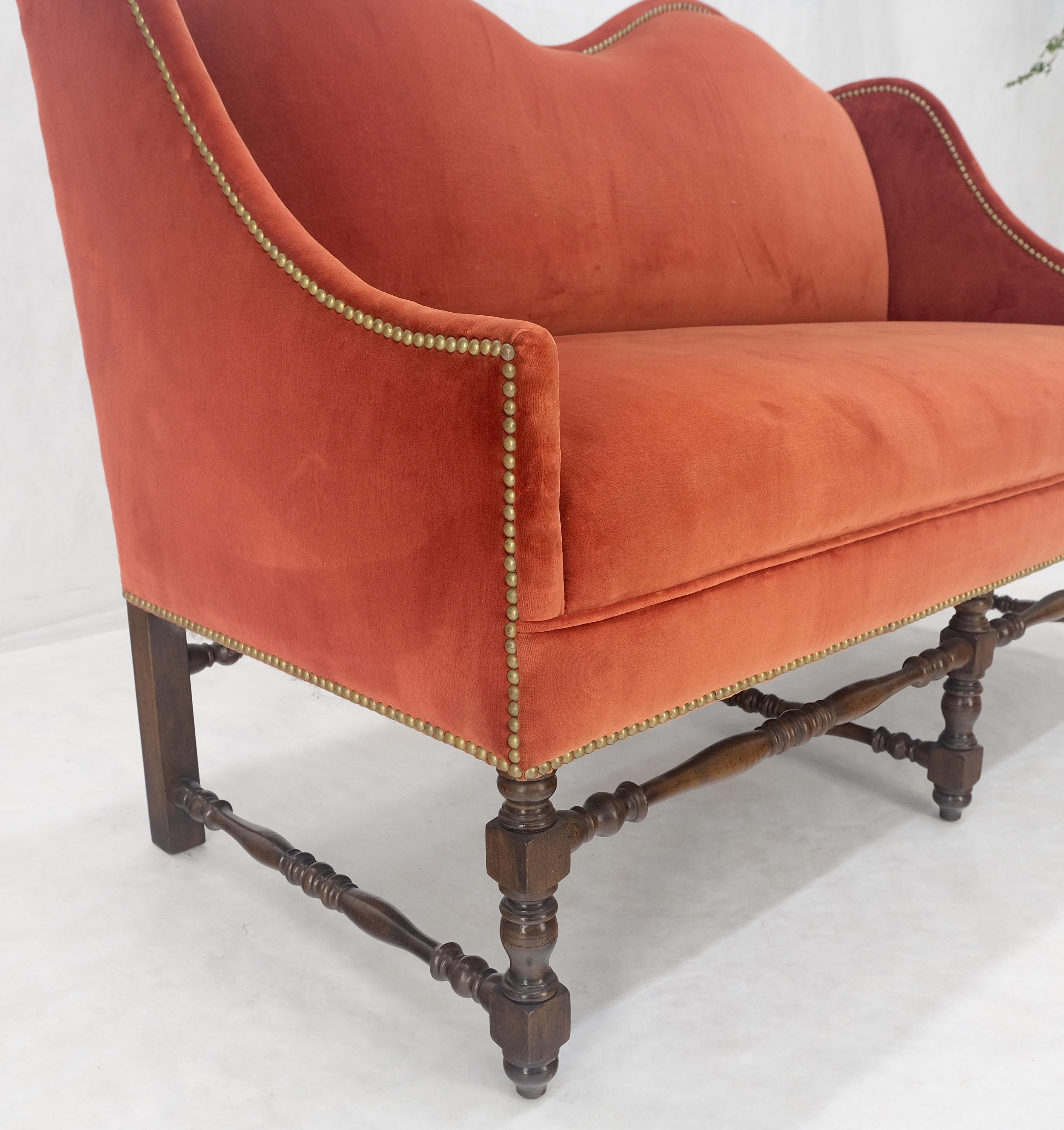William & Mary Style Brick Red Camel Back Upholstery Walnut Base Sofa Loveseat For Sale 3