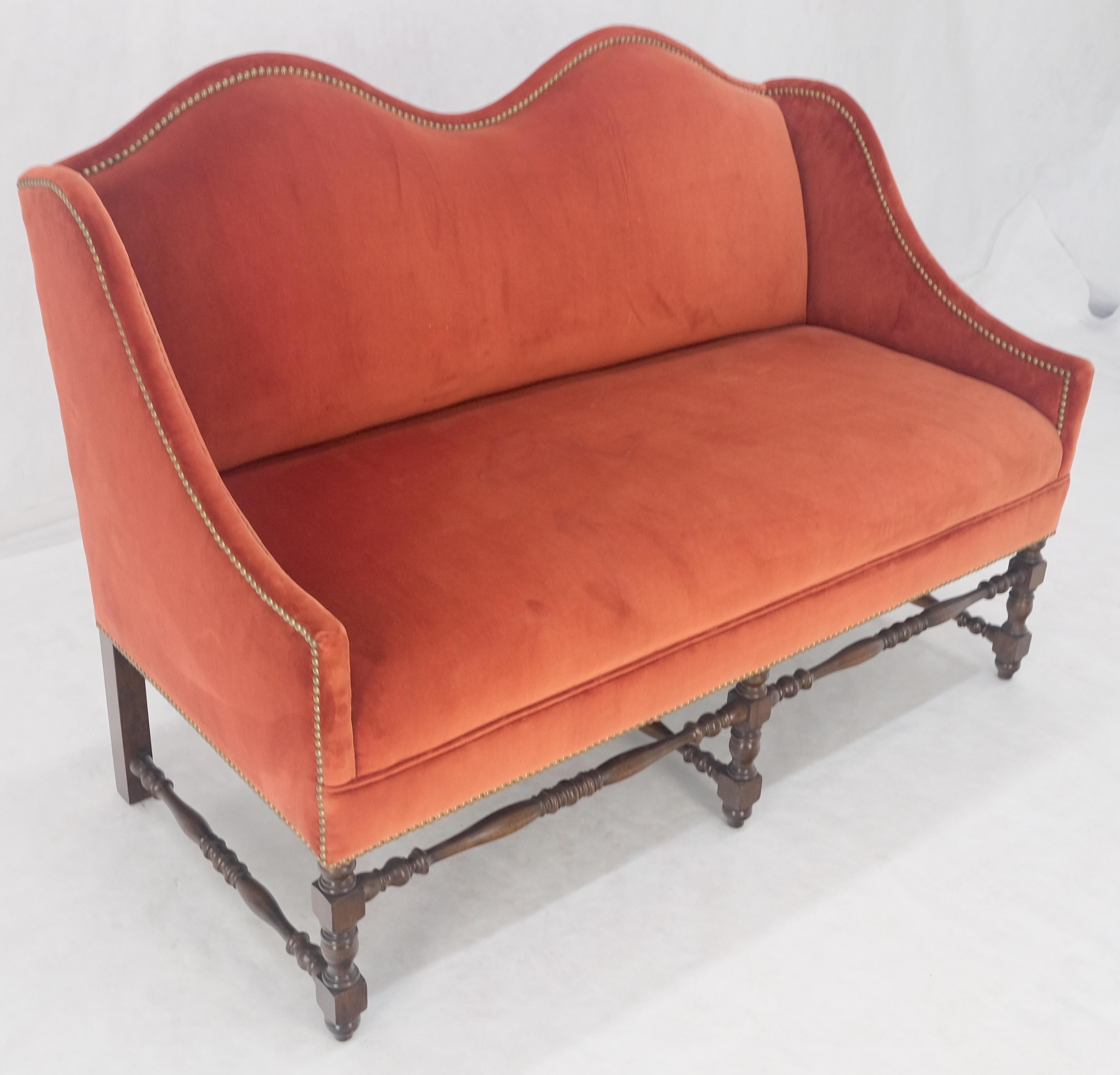 William & Mary Style Brick Red Camel Back Upholstery Walnut Base Sofa Loveseat For Sale 4