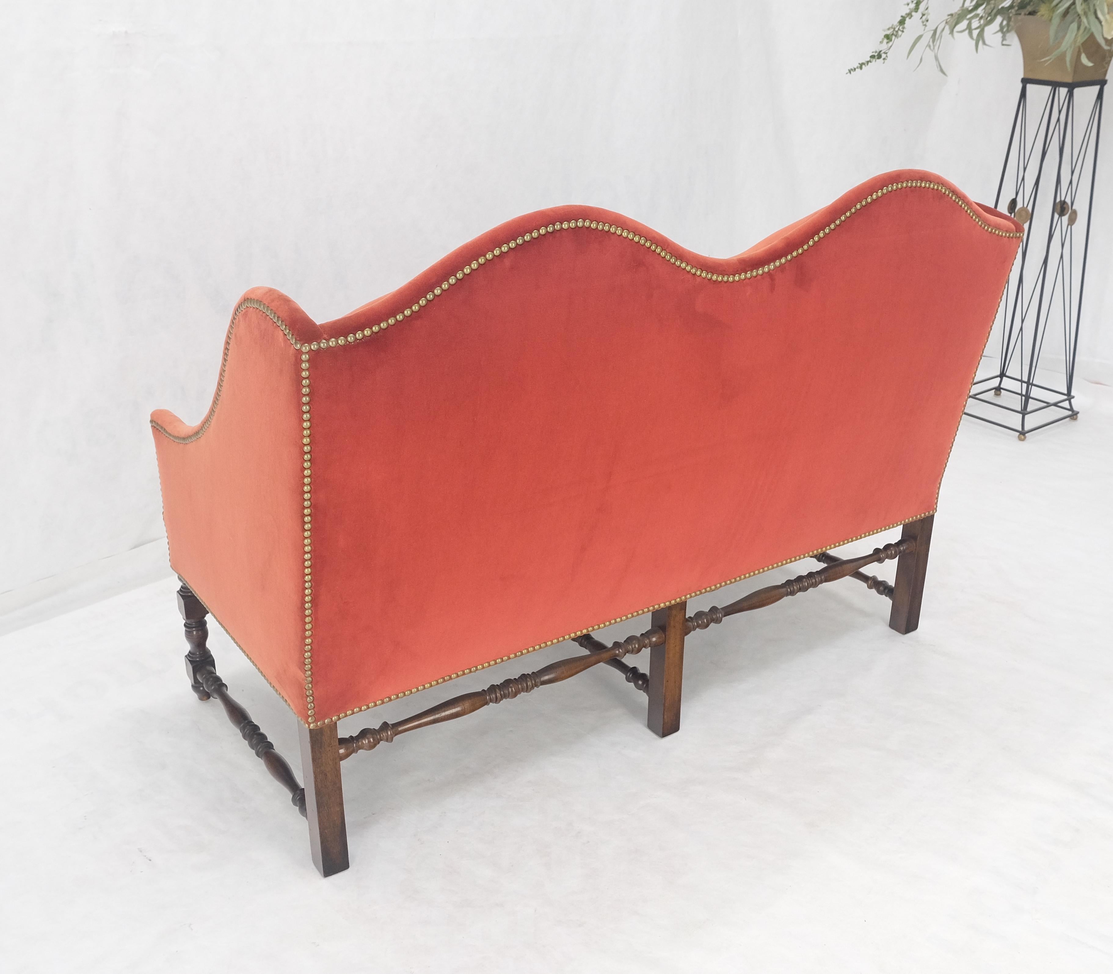 William & Mary Style Brick Red Camel Back Upholstery Walnut Base Sofa Loveseat For Sale 6