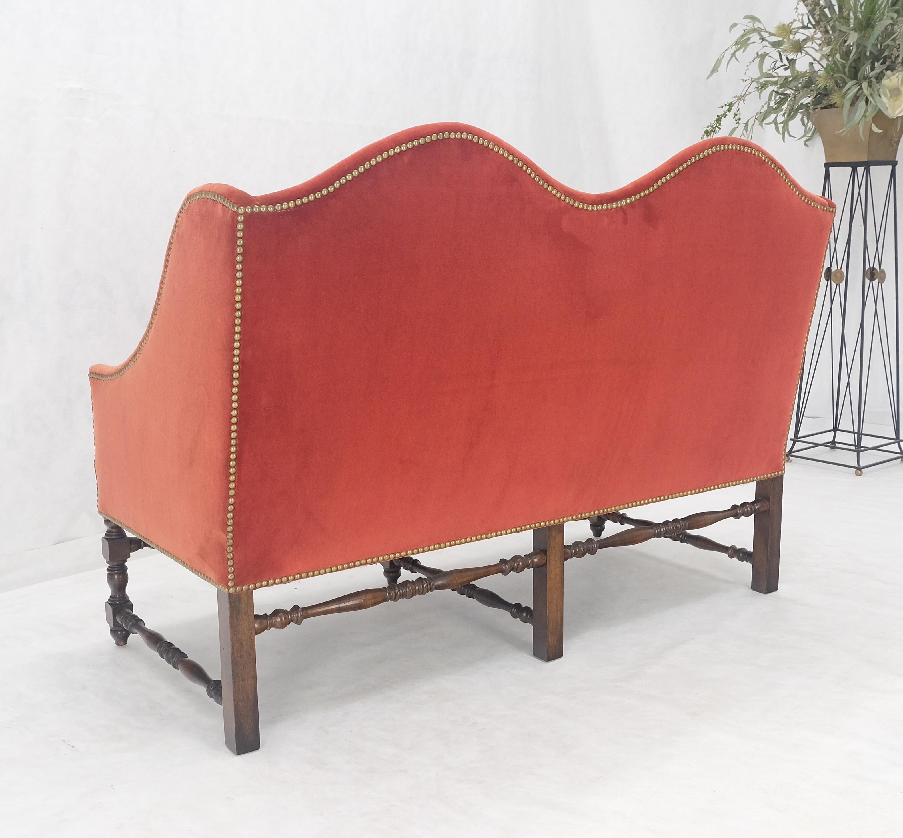 William & Mary Style Brick Red Camel Back Upholstery Walnut Base Sofa Loveseat For Sale 7