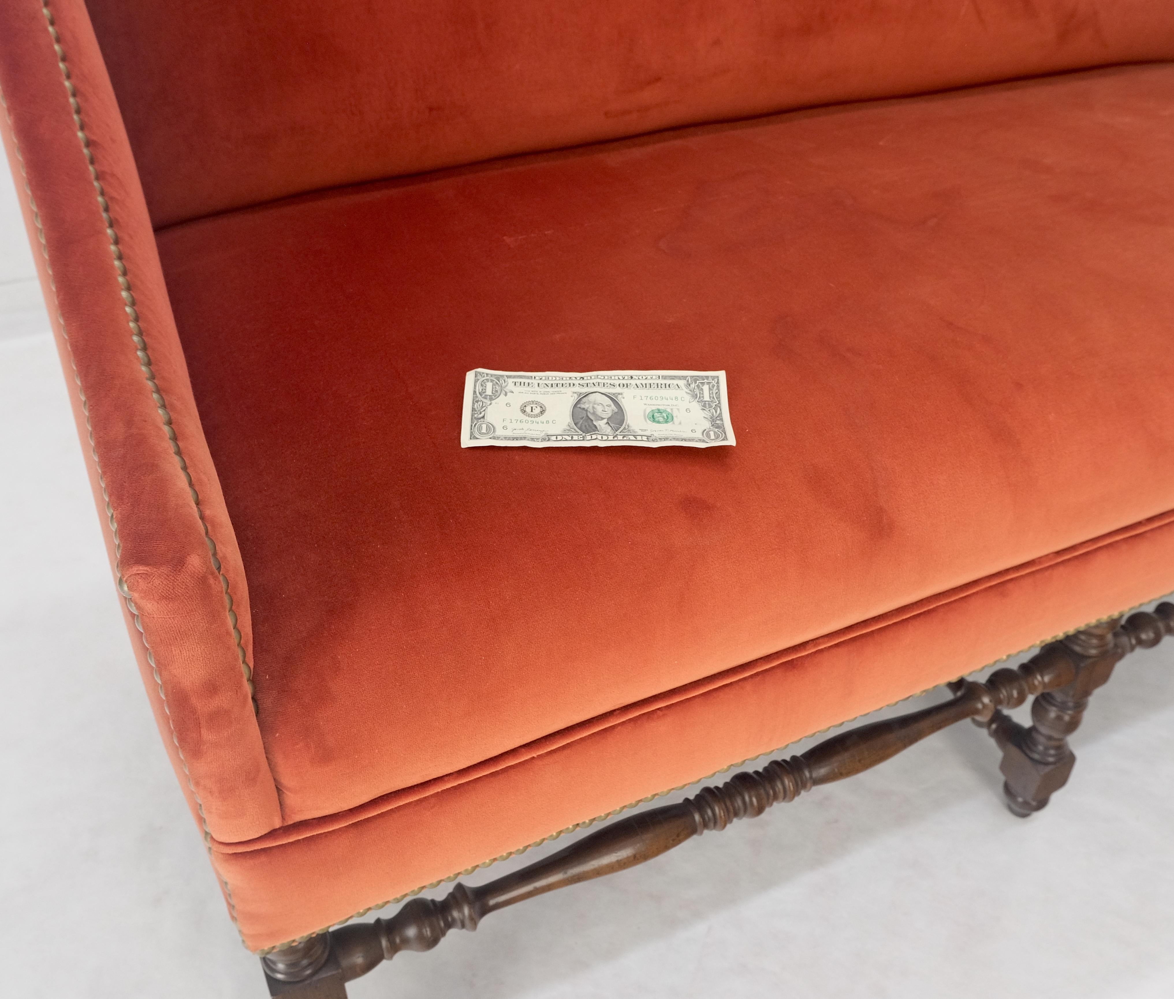 William & Mary Style Brick Red Camel Back Upholstery Walnut Base Sofa Loveseat For Sale 8