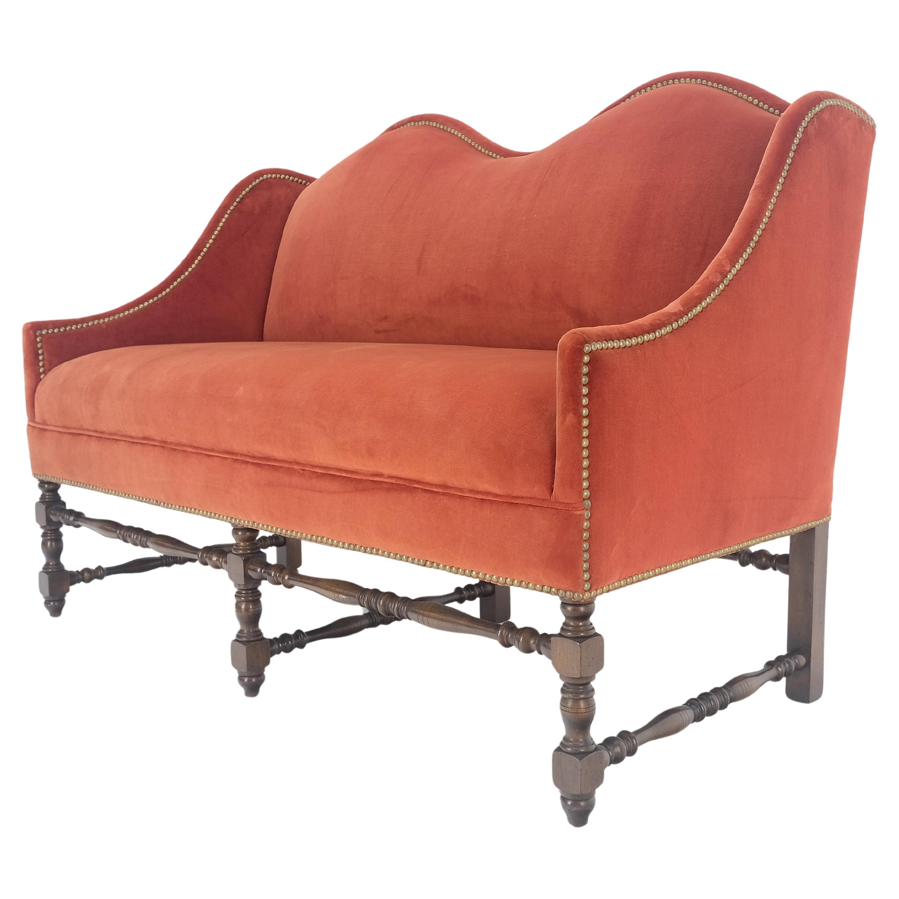 William & Mary Style Brick Red Camel Back Upholstery Walnut Base Sofa Loveseat Clean