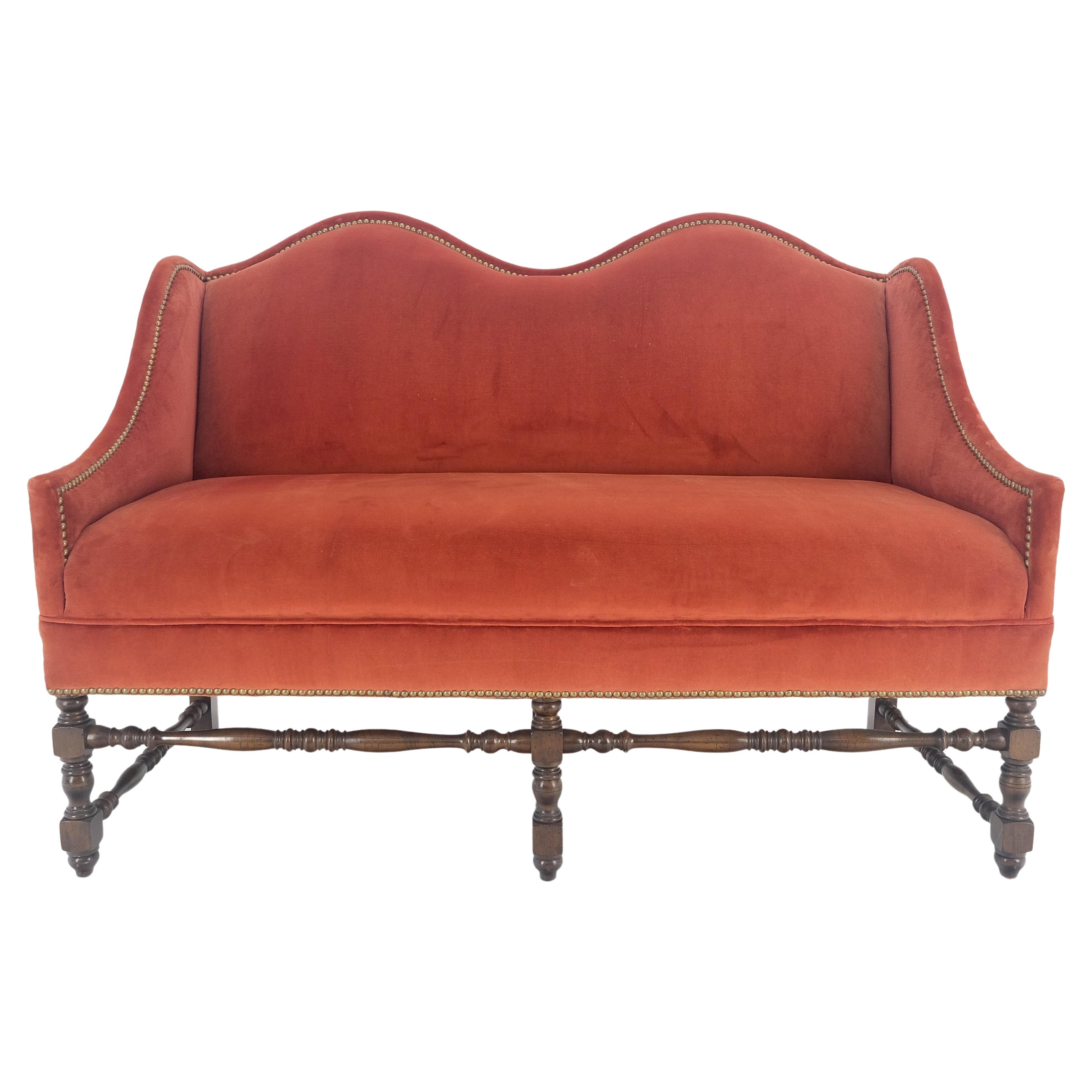 Spanish Colonial William & Mary Style Brick Red Camel Back Upholstery Walnut Base Sofa Loveseat For Sale