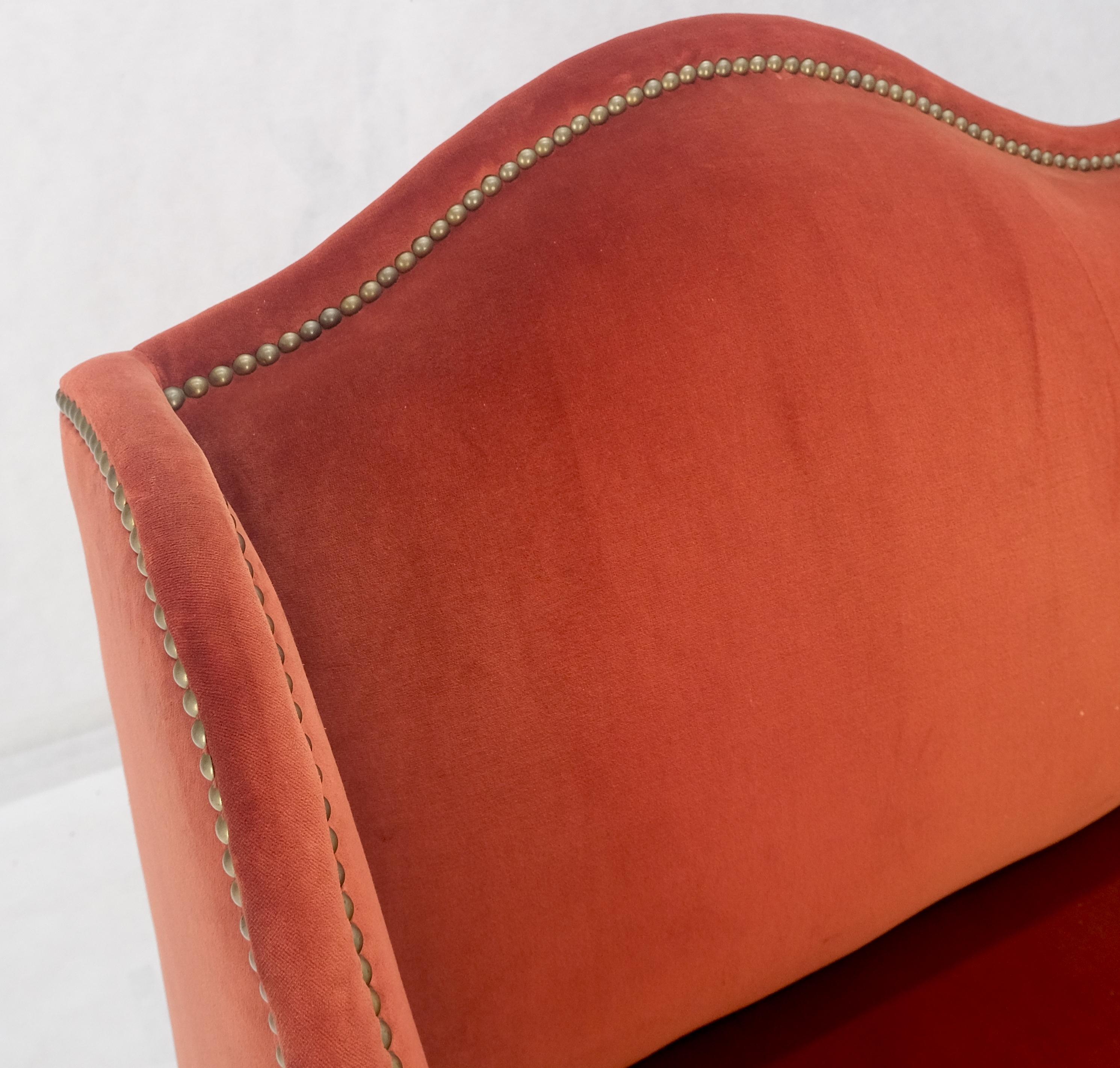 American William & Mary Style Brick Red Camel Back Upholstery Walnut Base Sofa Loveseat For Sale