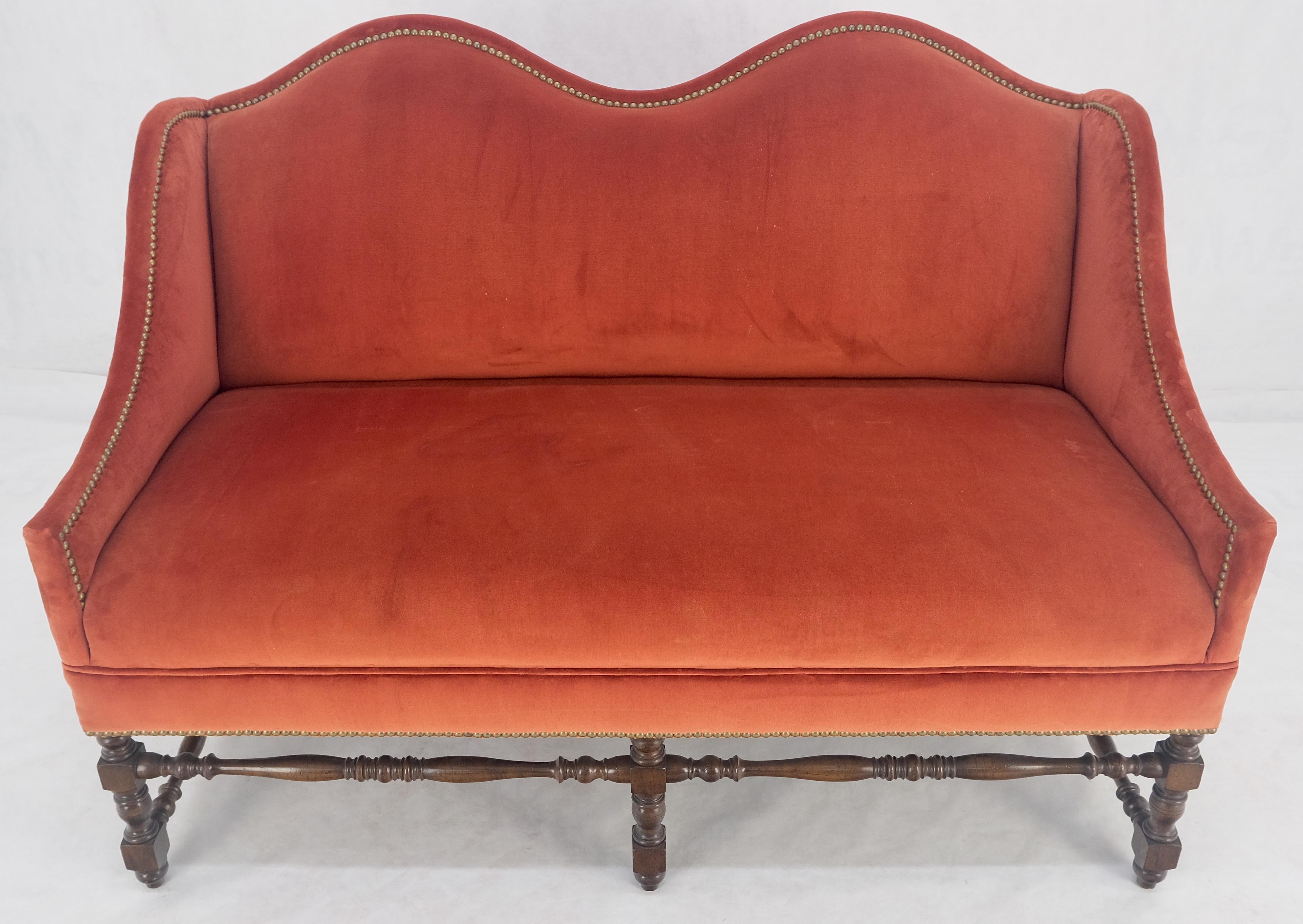 Lacquered William & Mary Style Brick Red Camel Back Upholstery Walnut Base Sofa Loveseat For Sale