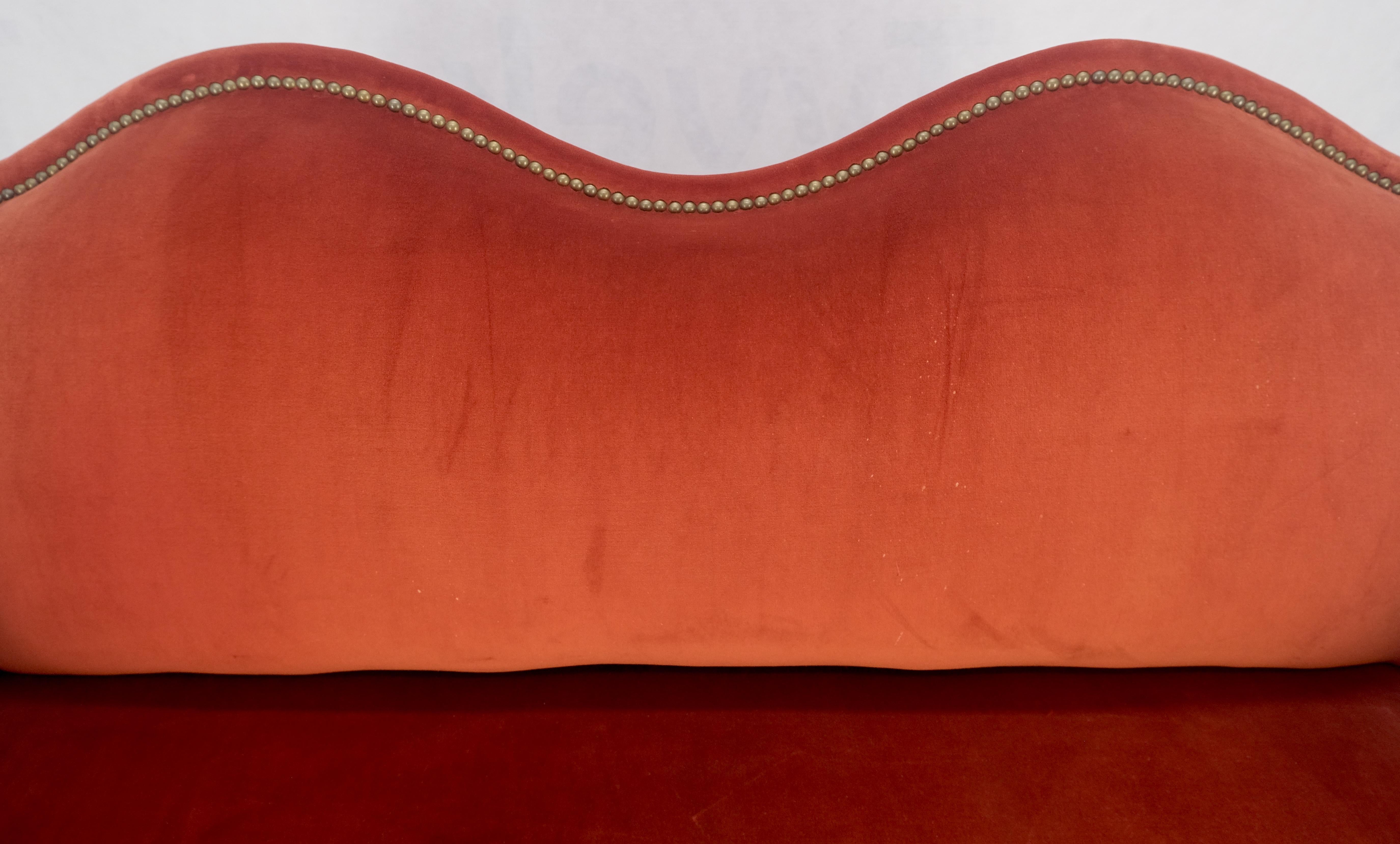 William & Mary Style Brick Red Camel Back Upholstery Walnut Base Sofa Loveseat In Good Condition For Sale In Rockaway, NJ