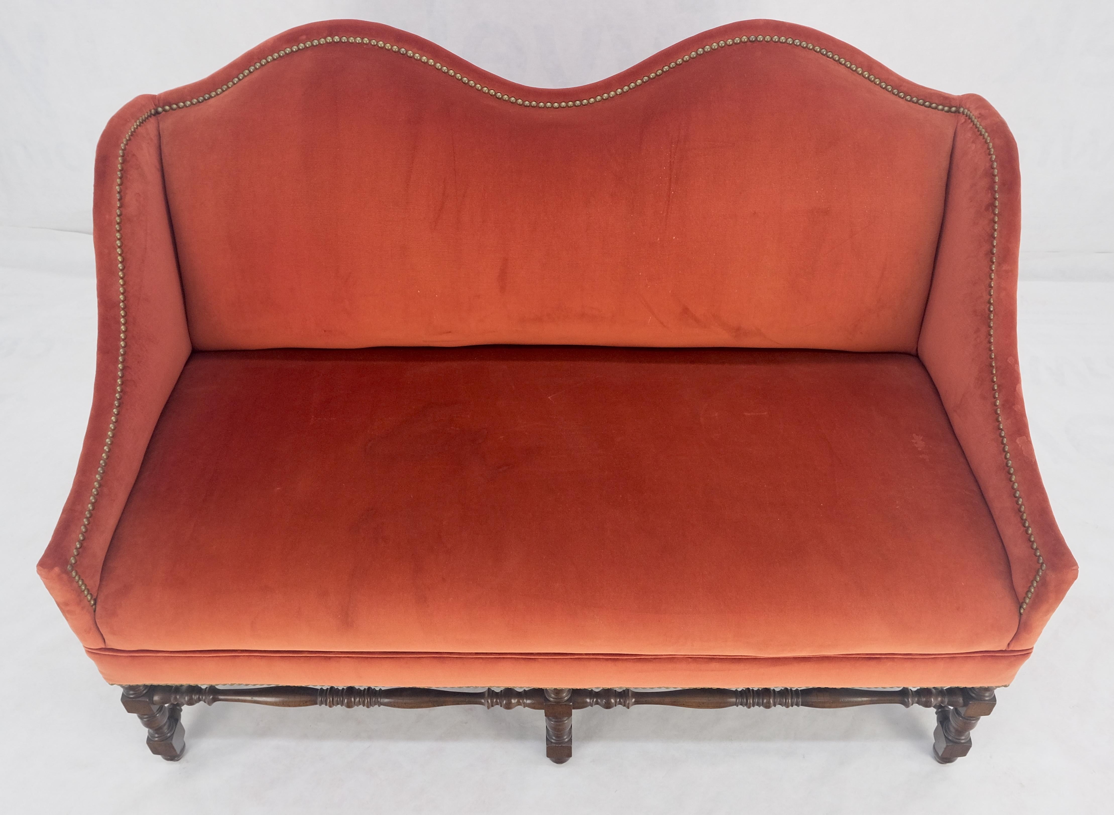 20th Century William & Mary Style Brick Red Camel Back Upholstery Walnut Base Sofa Loveseat For Sale