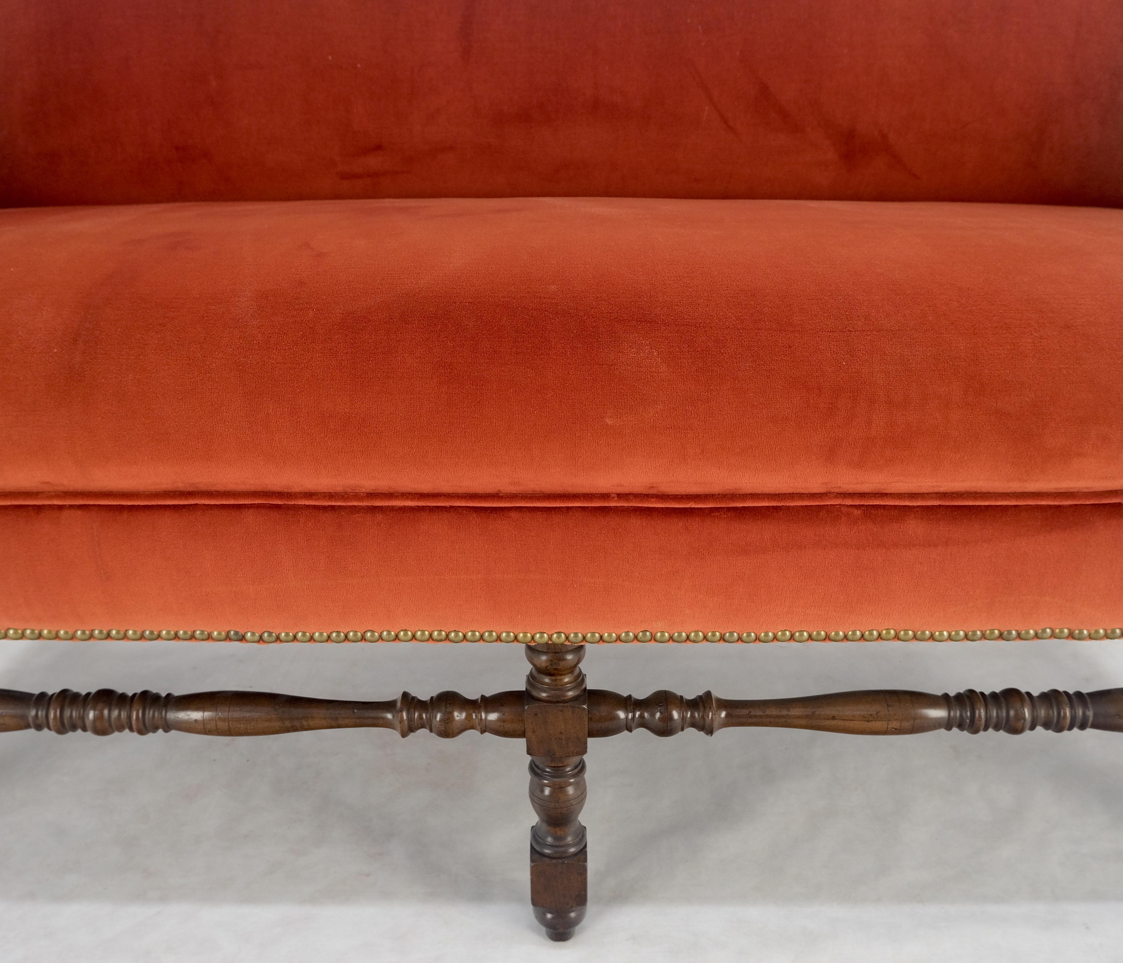 William & Mary Style Brick Red Camel Back Upholstery Walnut Base Sofa Loveseat For Sale 1