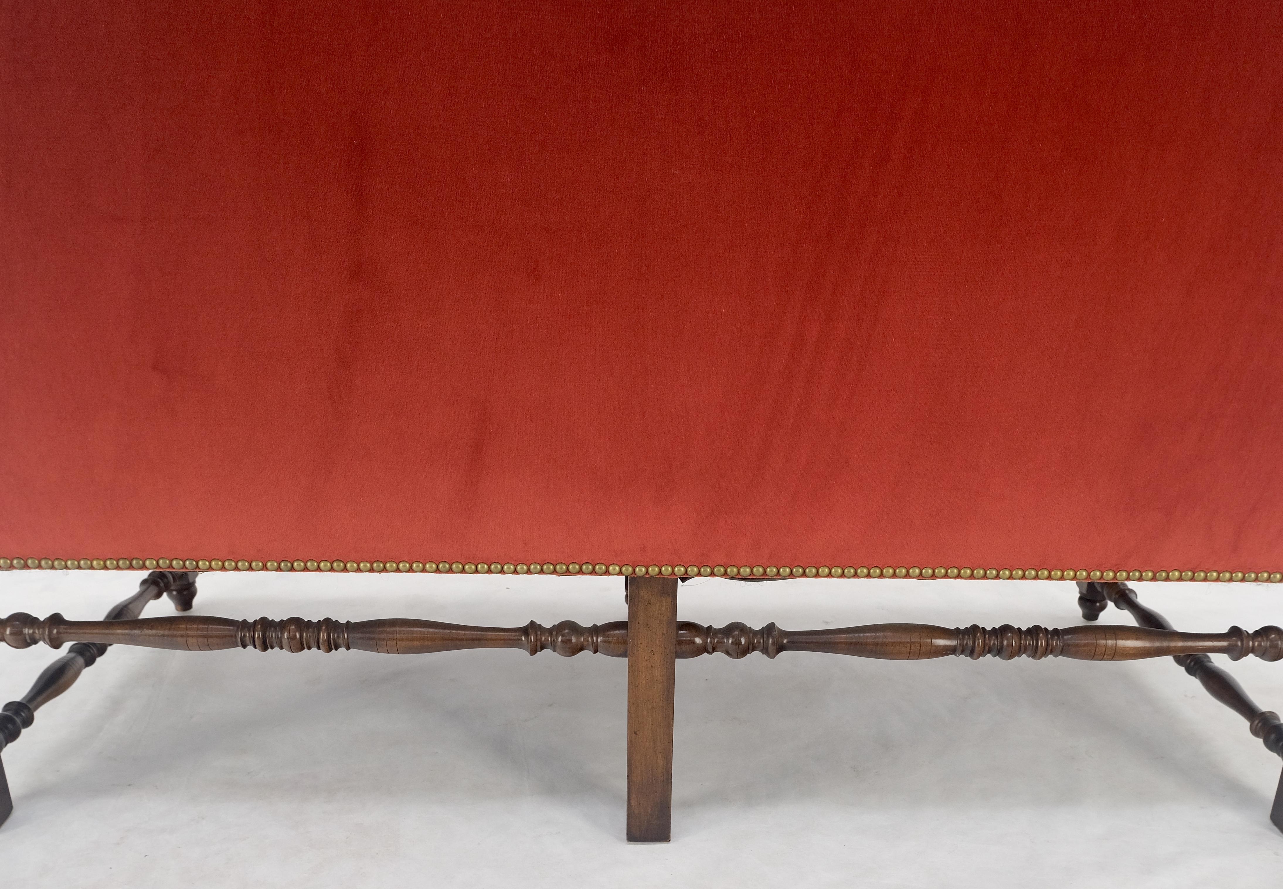 William & Mary Style Brick Red Camel Back Upholstery Walnut Base Sofa Loveseat For Sale 2