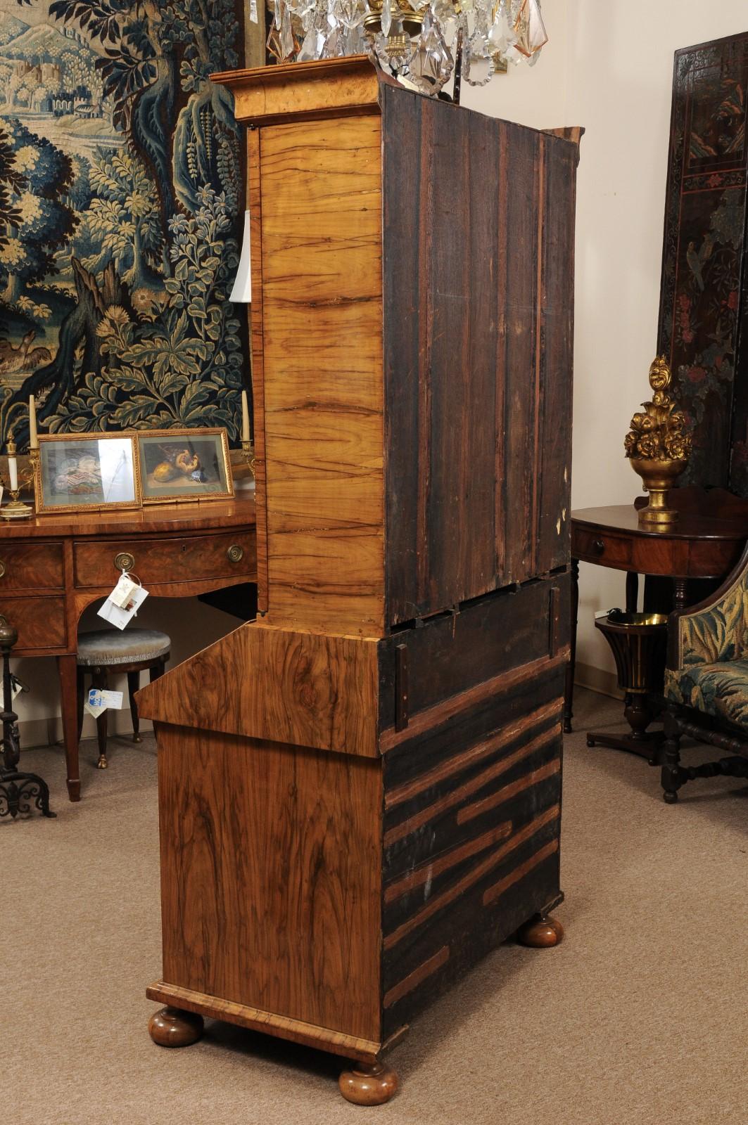 William & Mary Style Burled Walnut English Bureau Bookcase, Early 18th Century 4