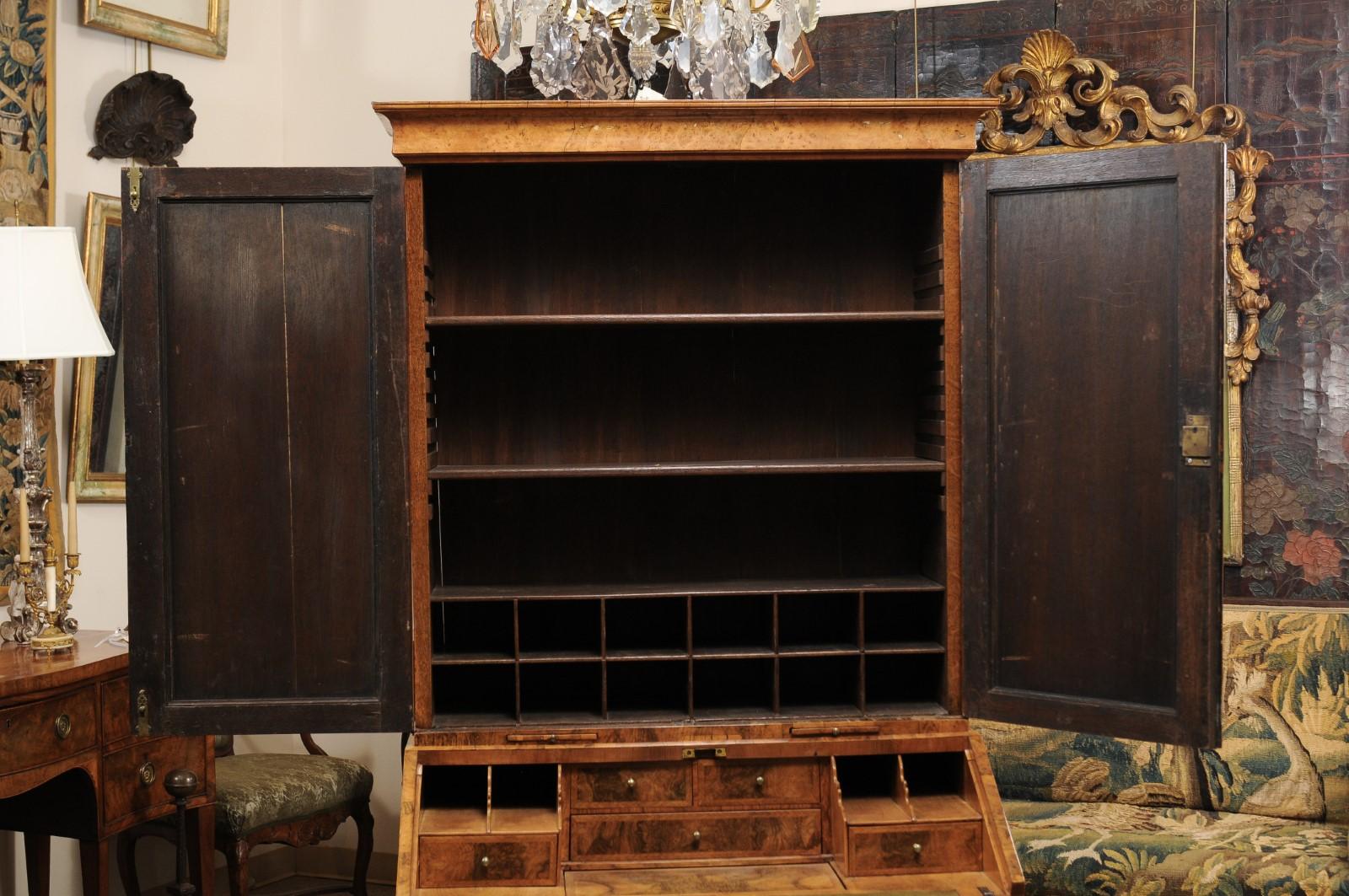Embossed William & Mary Style Burled Walnut English Bureau Bookcase, Early 18th Century