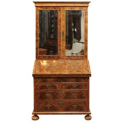 Antique William & Mary Style Burled Walnut English Bureau Bookcase, Early 18th Century