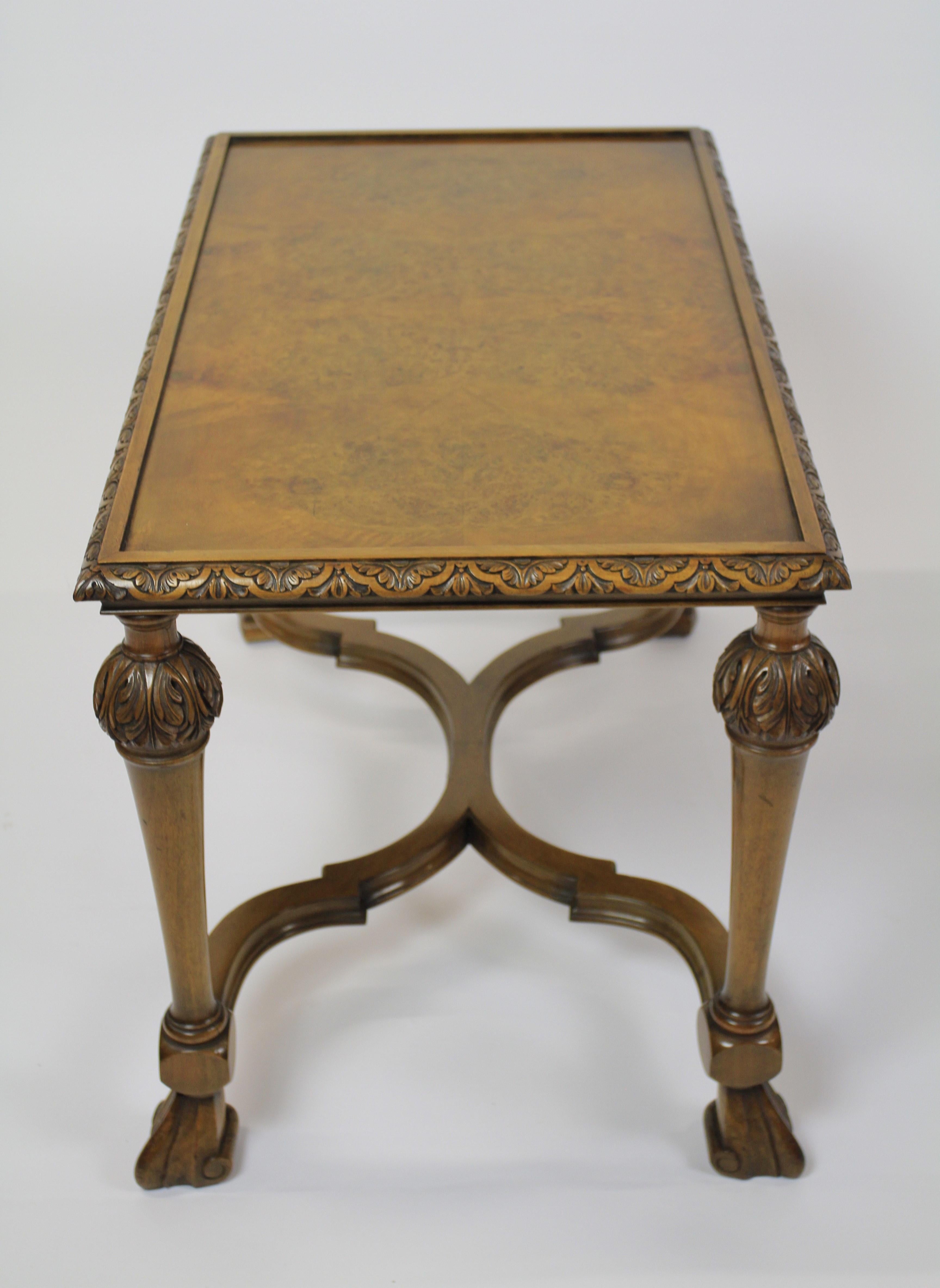 British William & Mary Style Burr Walnut & Carved Coffee Table circa 1930s For Sale