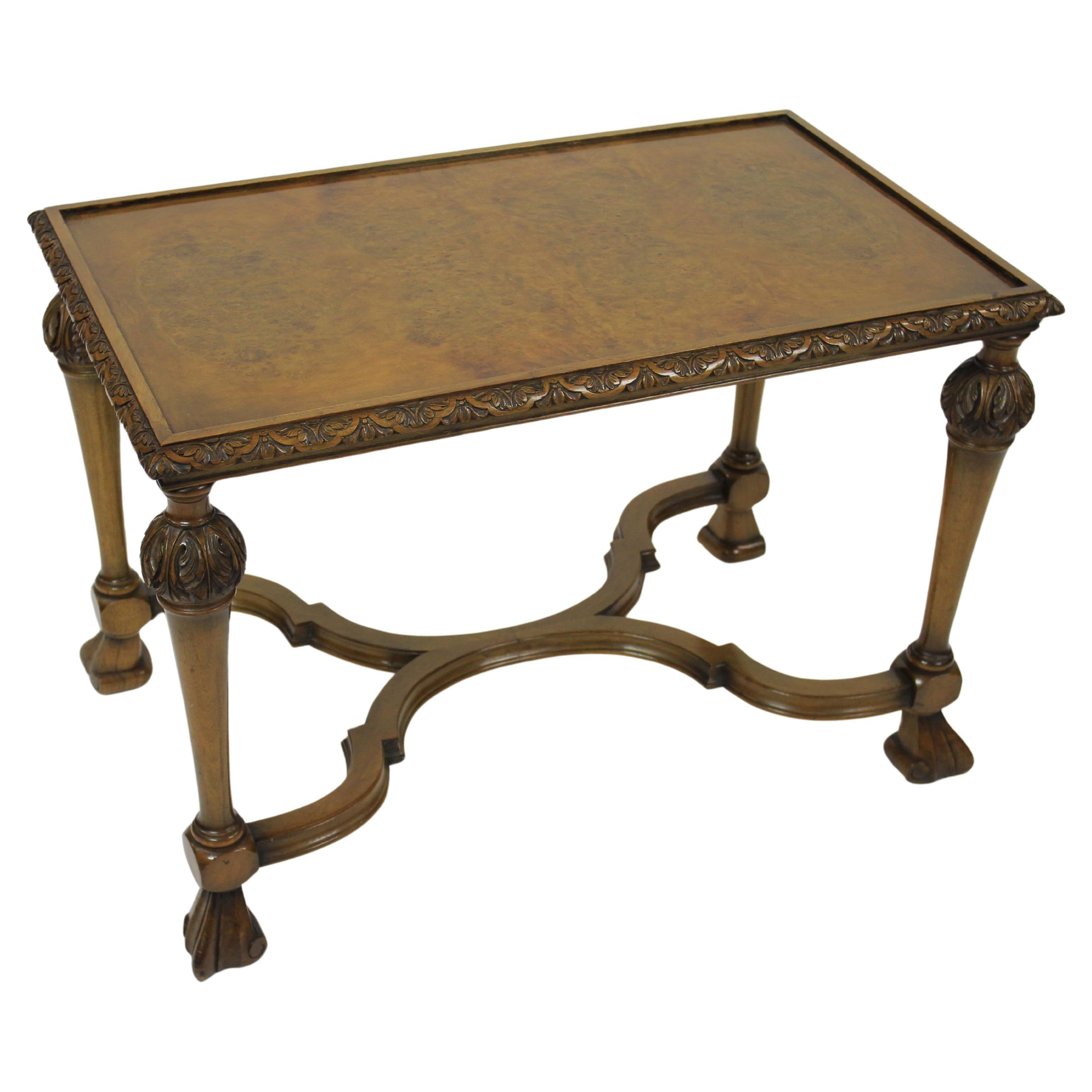 William & Mary Style Burr Walnut & Carved Coffee Table circa 1930s For Sale