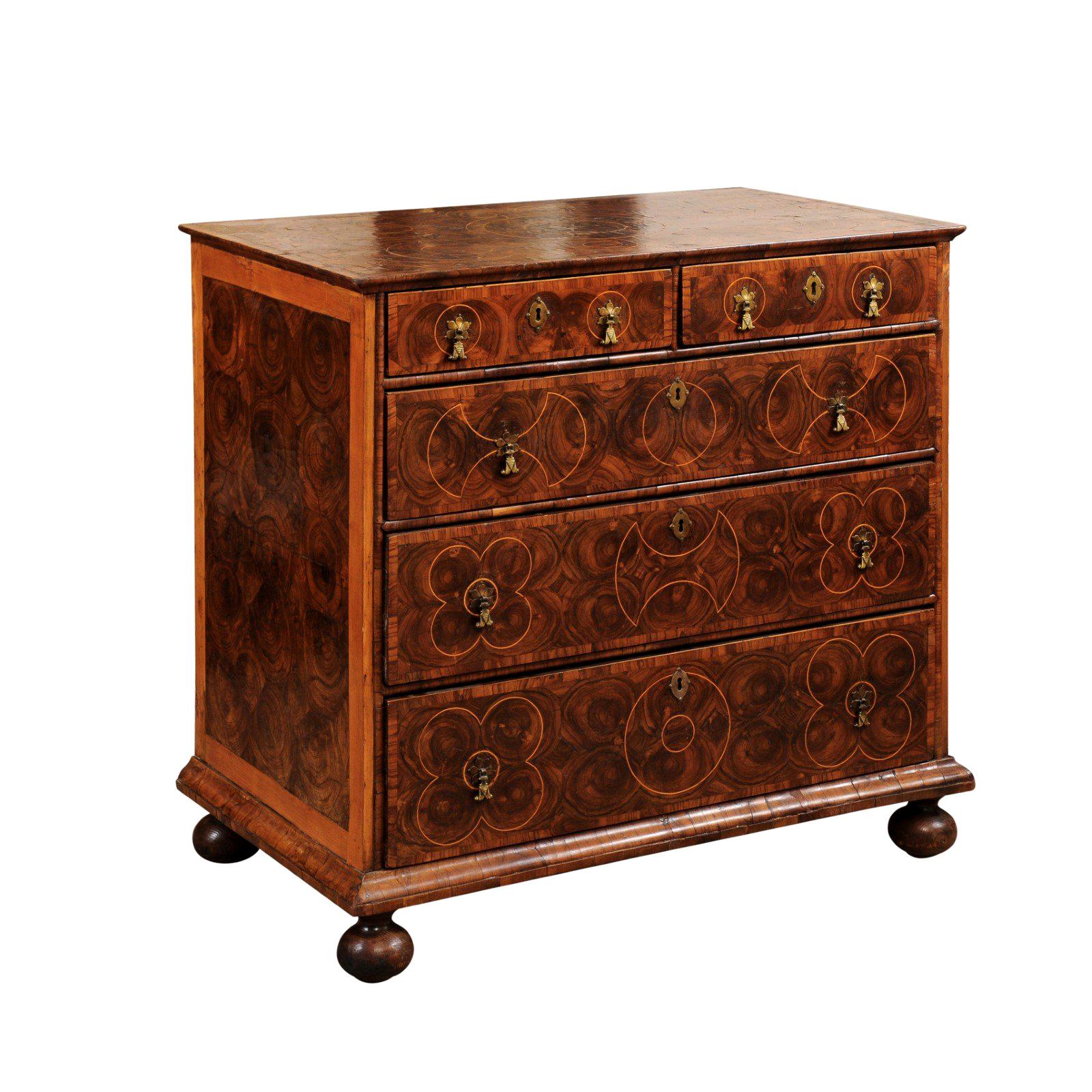 William 
Mary Style English Oyster Veneer Chest, 18th Century