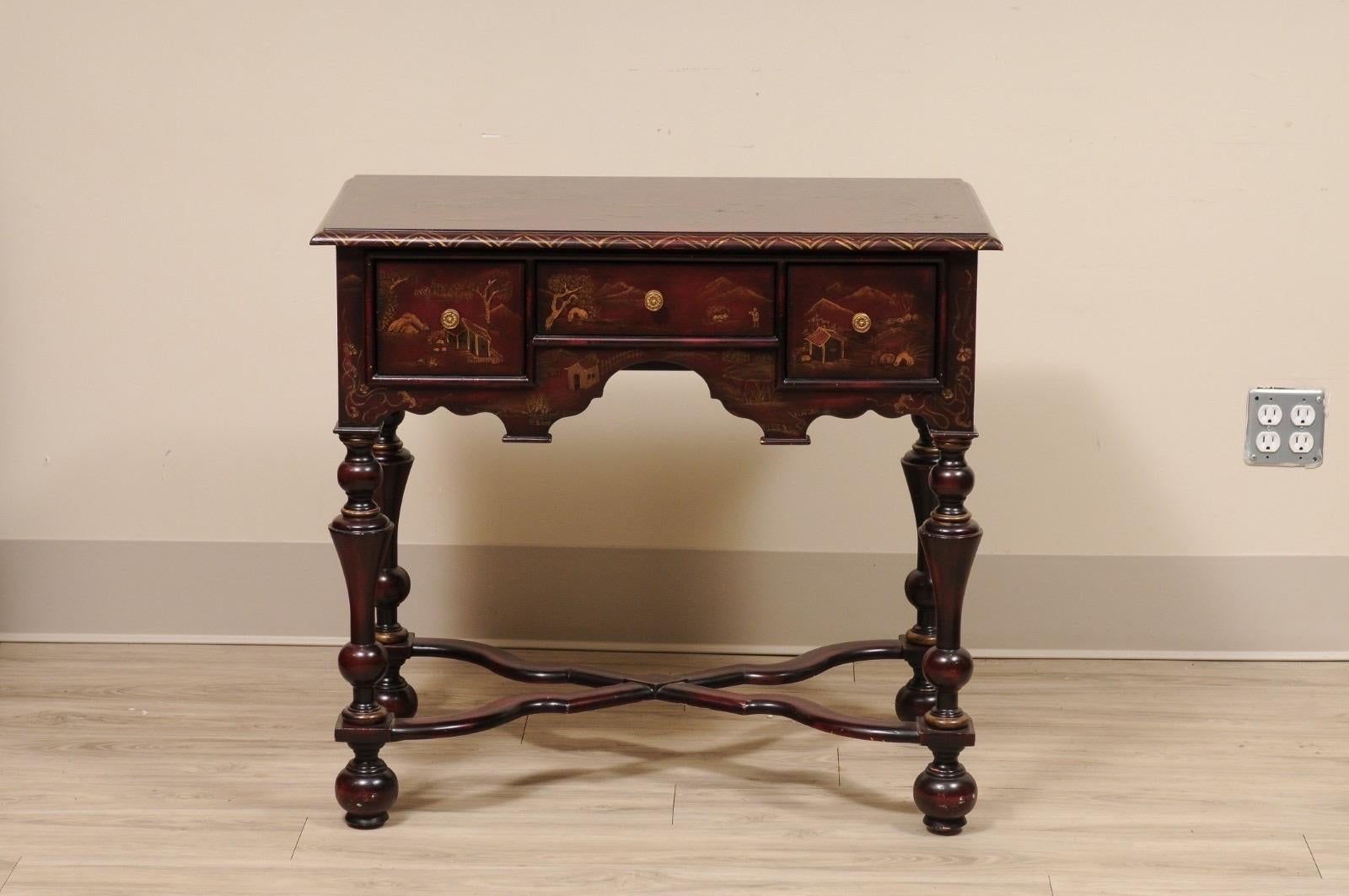 Niedriger Kommodentisch im William & Mary-Stil in Burgunderrot, bemalt, Chinoiserie-Thema im Angebot 4