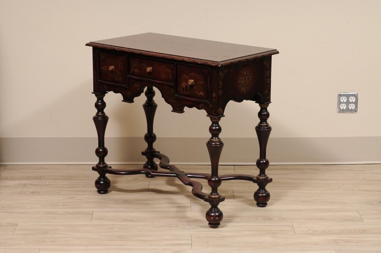 Niedriger Kommodentisch im William & Mary-Stil in Burgunderrot, bemalt, Chinoiserie-Thema im Angebot 5