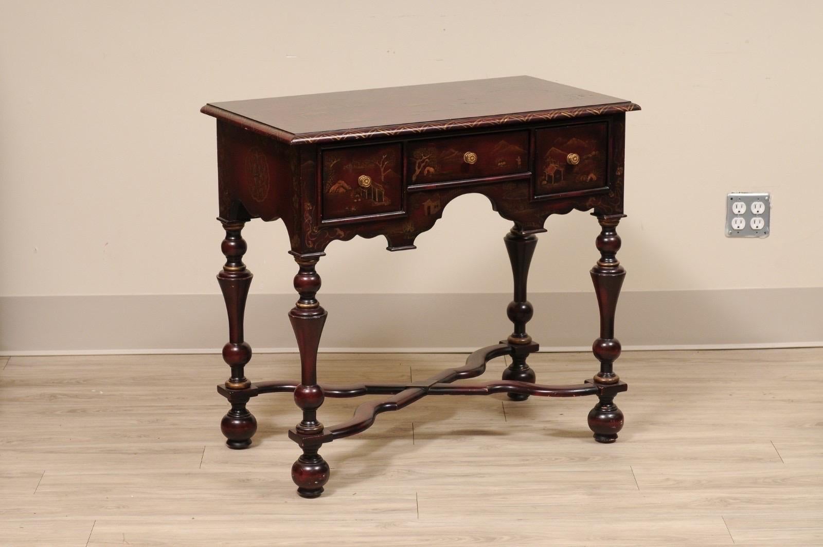 Schöne Chinoiserie Thema Painted William & Mary Style Lowboy mit einzelnen Schublade.

Er steht auf kugelgeschnitzten Beinen, die durch eine gut ausgeführte Y-förmige Streckbank verbunden sind.