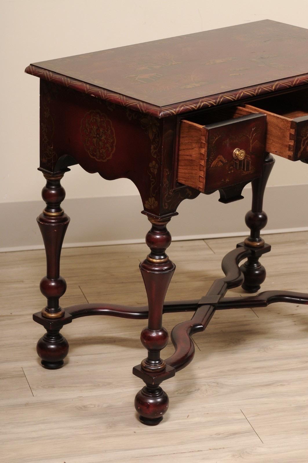 Niedriger Kommodentisch im William & Mary-Stil in Burgunderrot, bemalt, Chinoiserie-Thema (Unbekannt) im Angebot